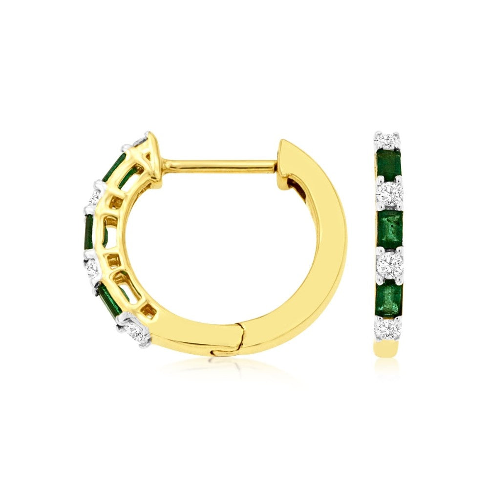 Emerald & Diamond Huggie Hoop Earrings in 14K Yellow Gold