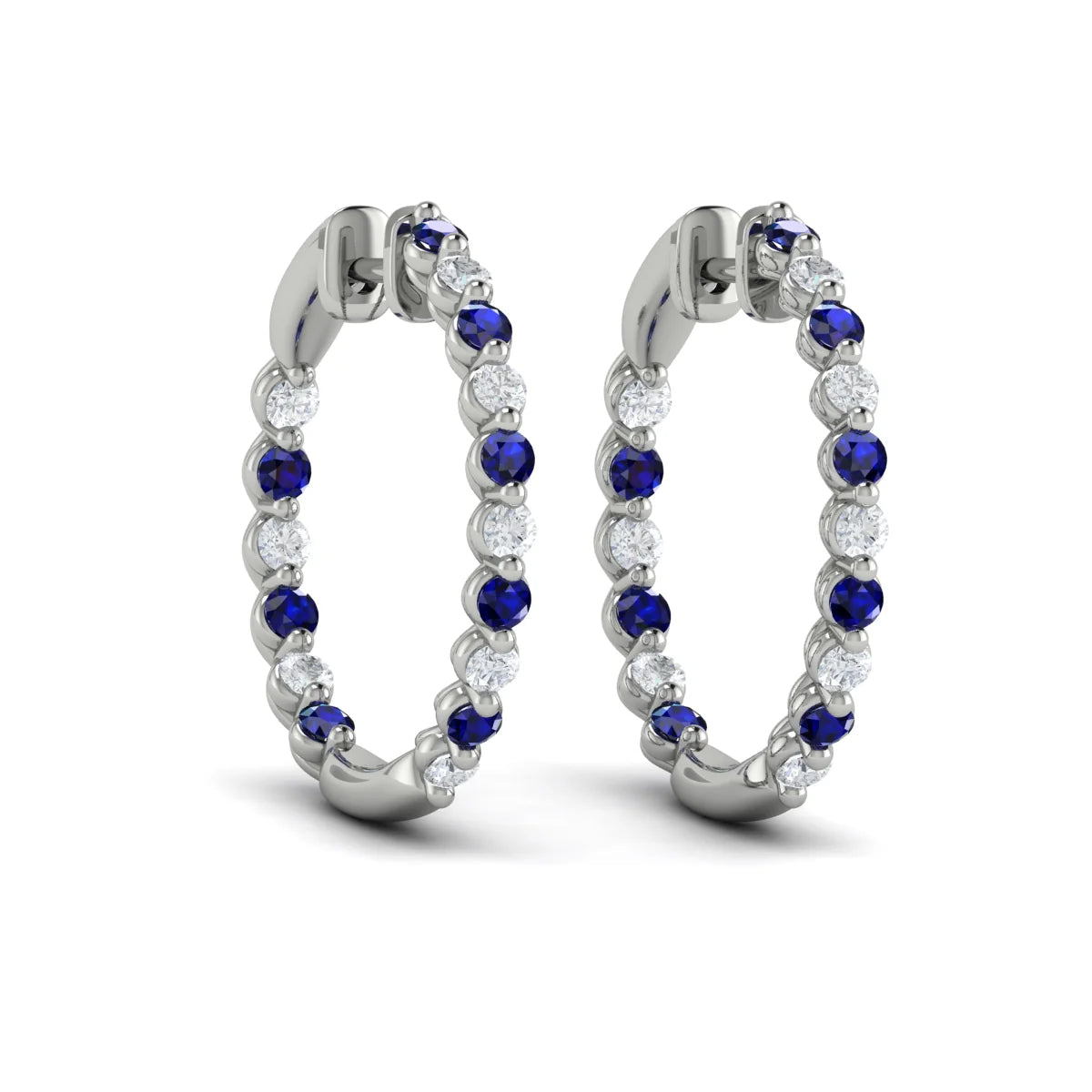 Sapphire Diamond Inside Outside Hoop Earrings in 14K White Gold