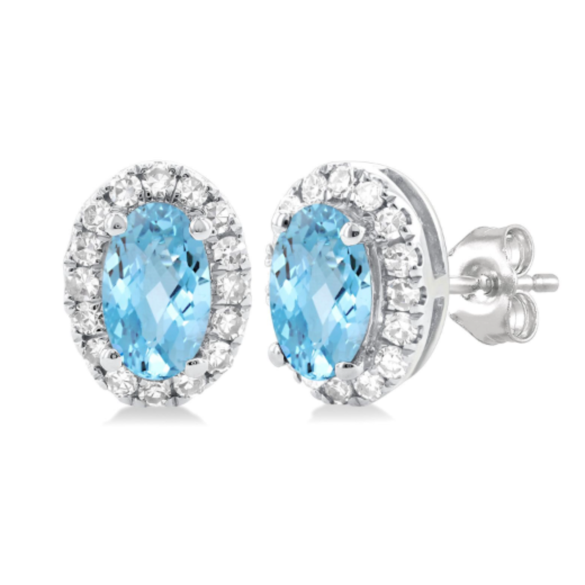 Oval Aquamarine Diamond Halo Stud Earrings in 14K White Gold