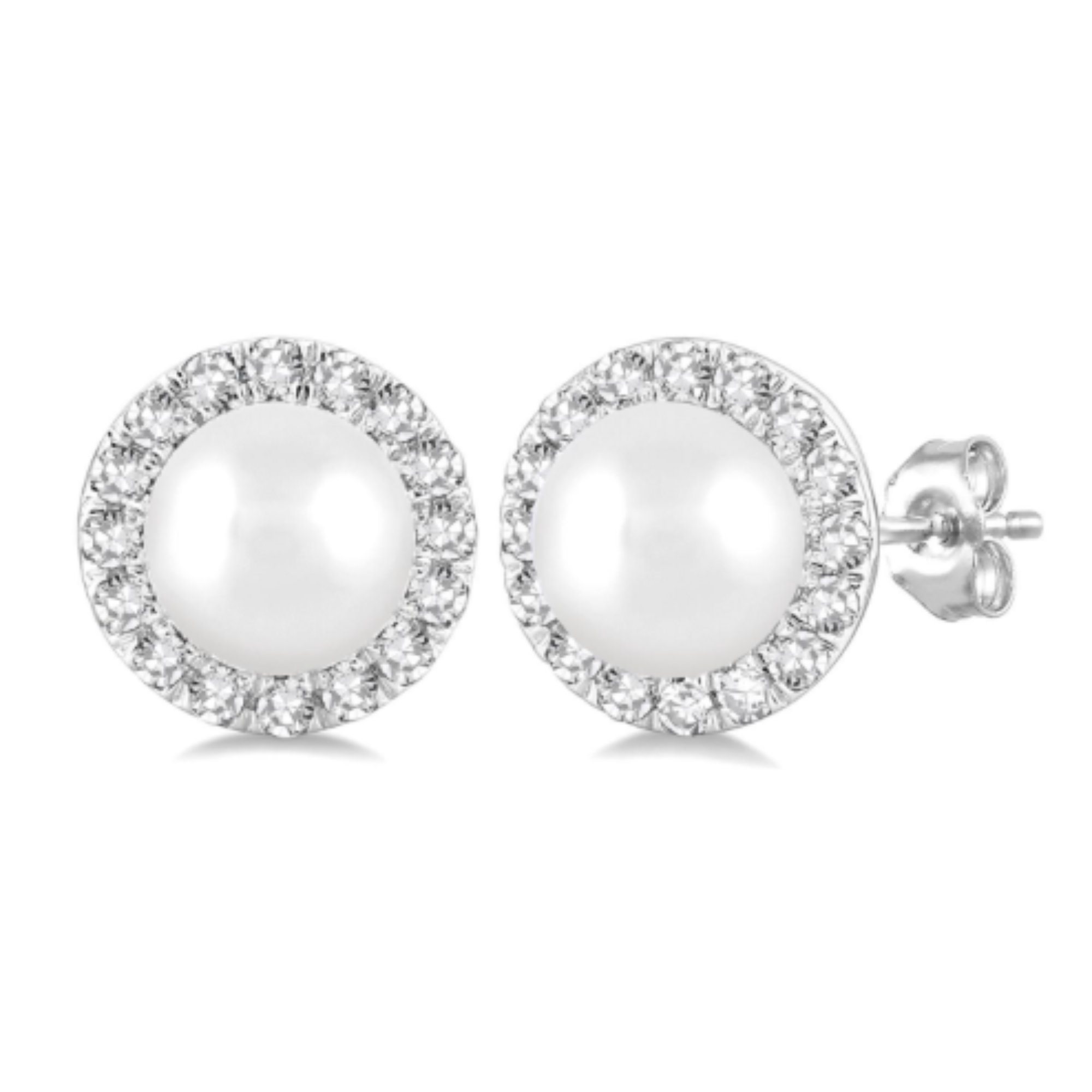 Pearl Diamond Halo Stud Earrings in 14K White Gold
