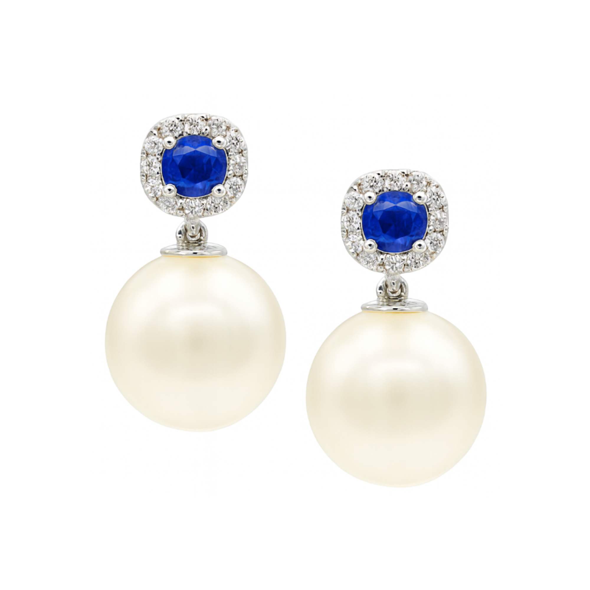 Freshwater Pearl Sapphire Diamond Halo Earrings in 14K White Gold