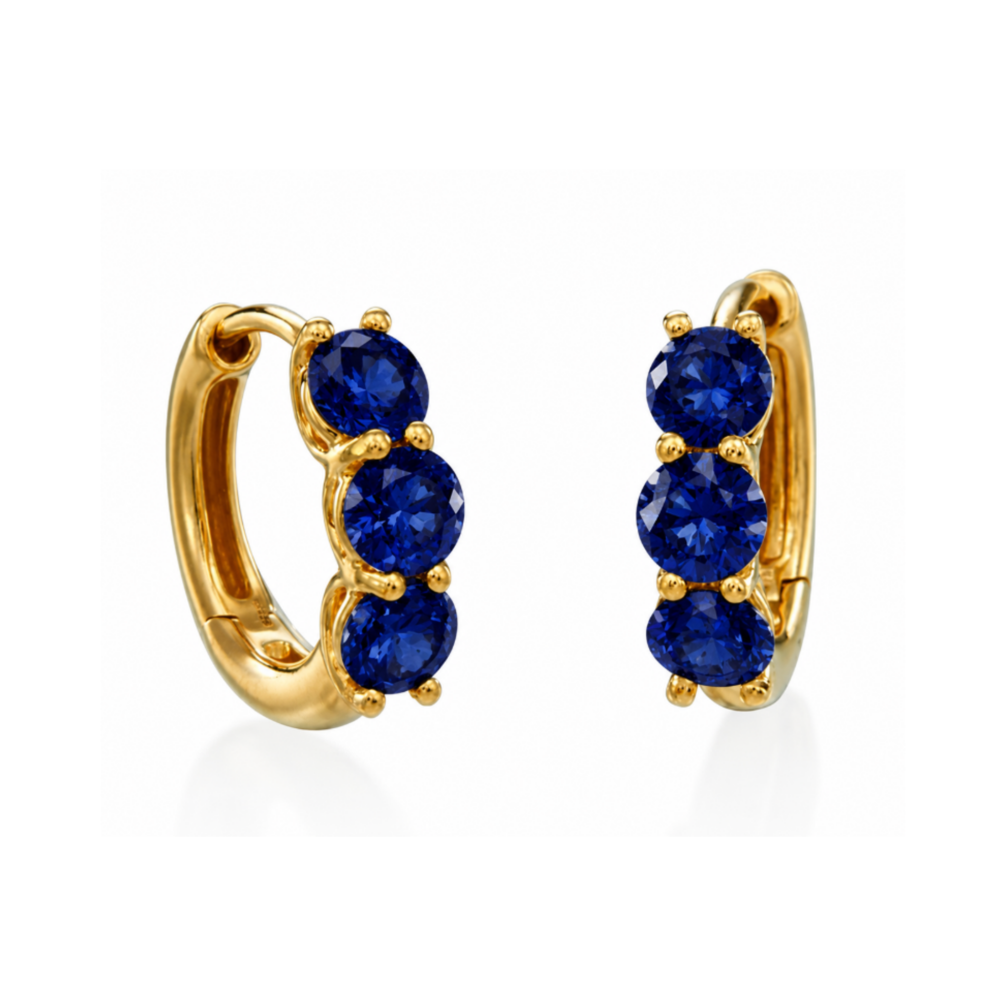 Sapphire 3 Stone Huggie Hoop Earrings in 18K Yellow Gold