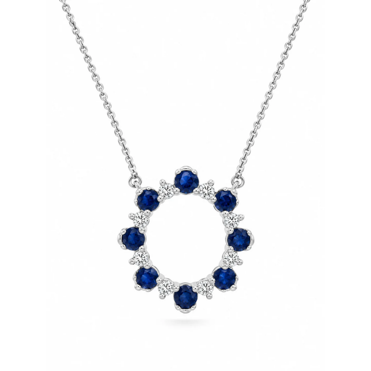 Sapphire Diamond Open Circle Pendant Necklace in 14K White Gold