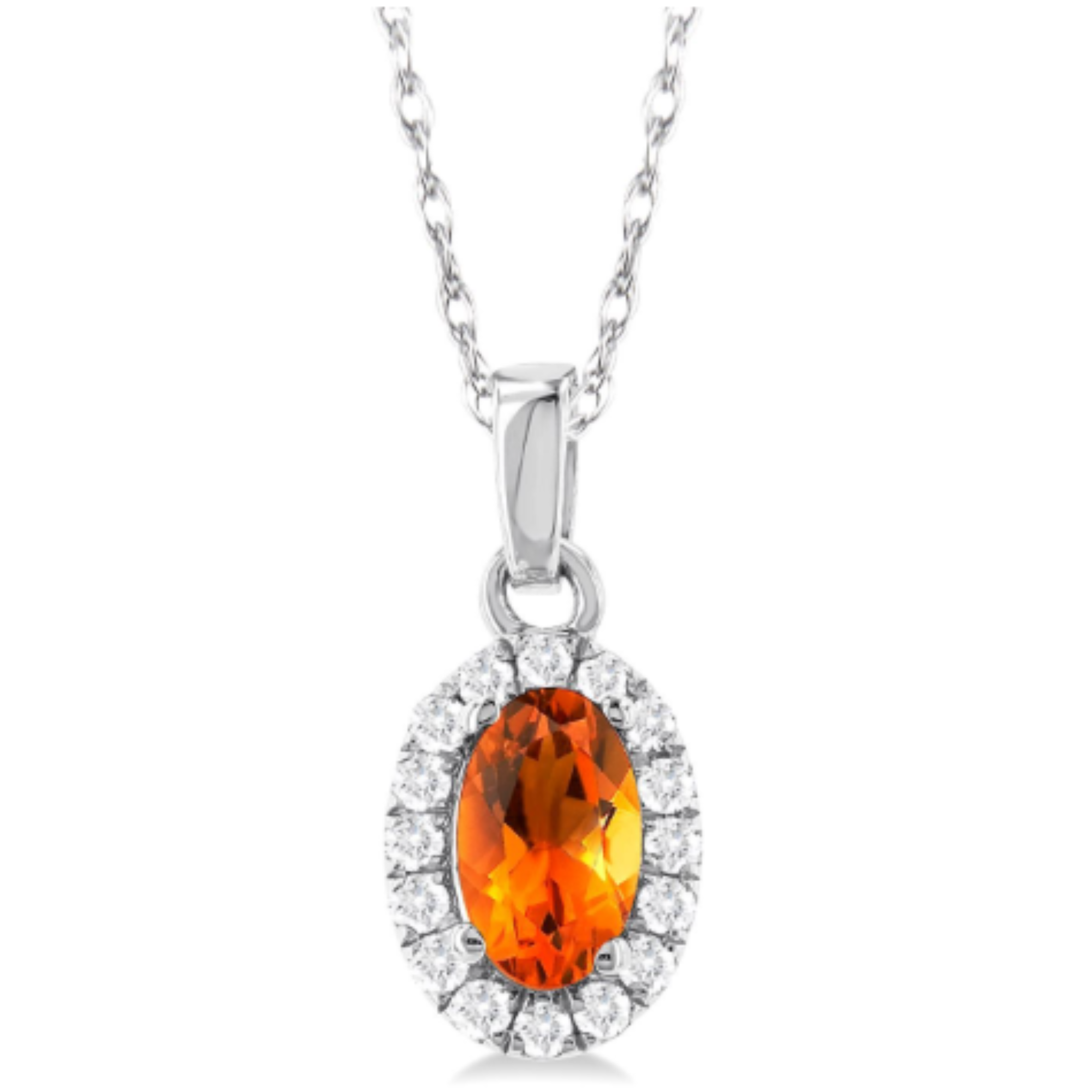 Oval Citrine Diamond Halo Pendant Necklace in 14K White Gold
