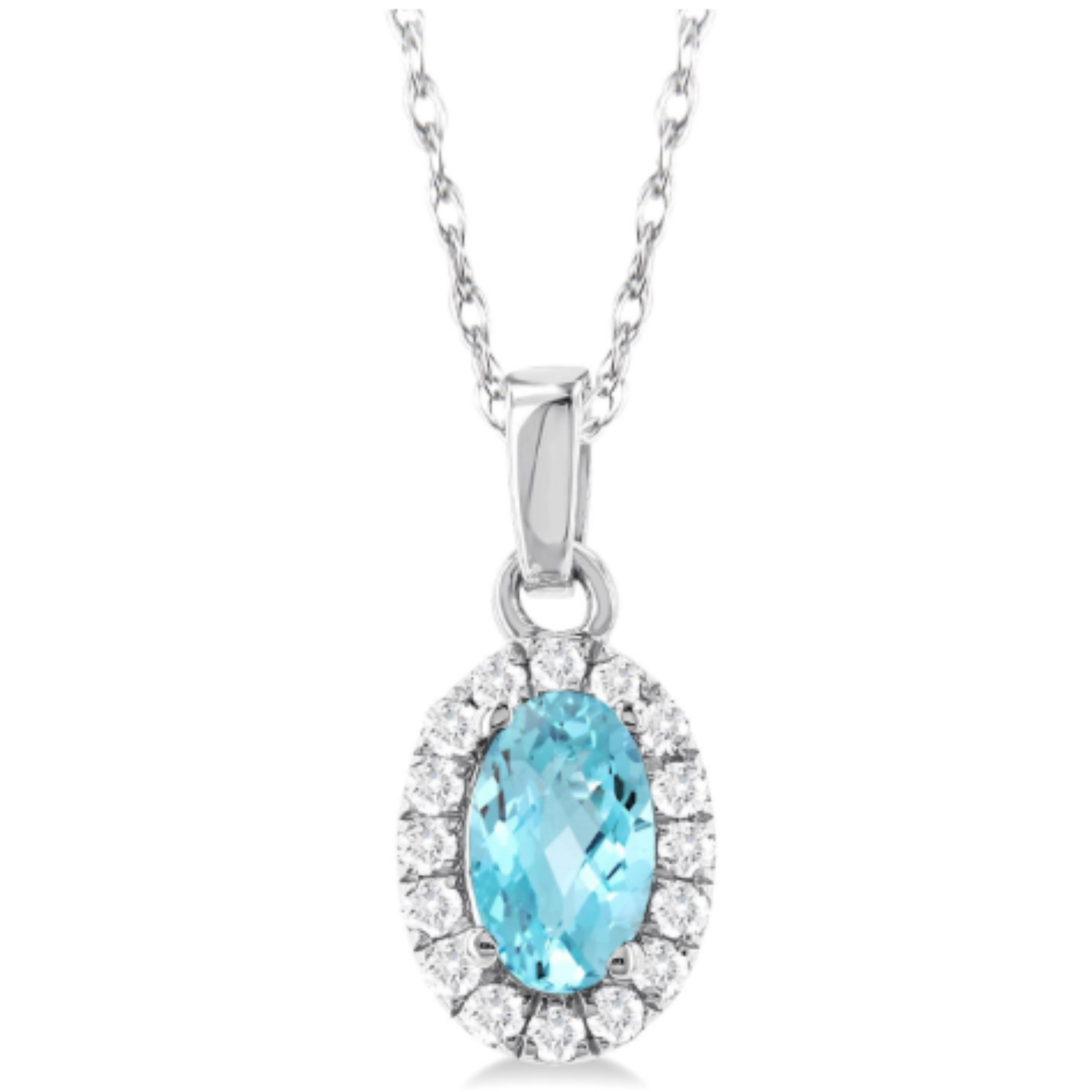 Oval Aquamarine Diamond Halo Pendant Necklace in 14K White Gold