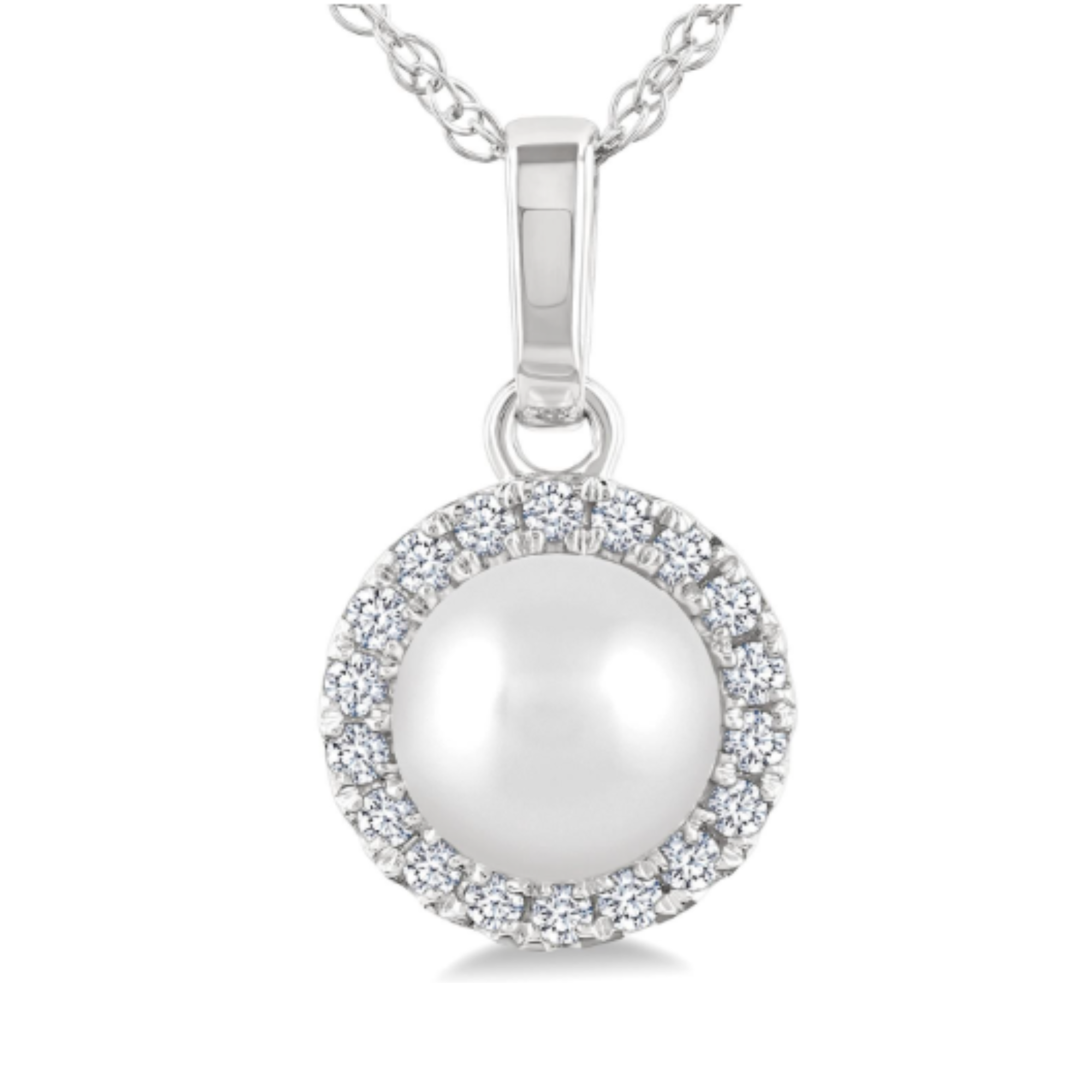 Pearl Diamond Halo Pendant Necklace in 14K White Gold