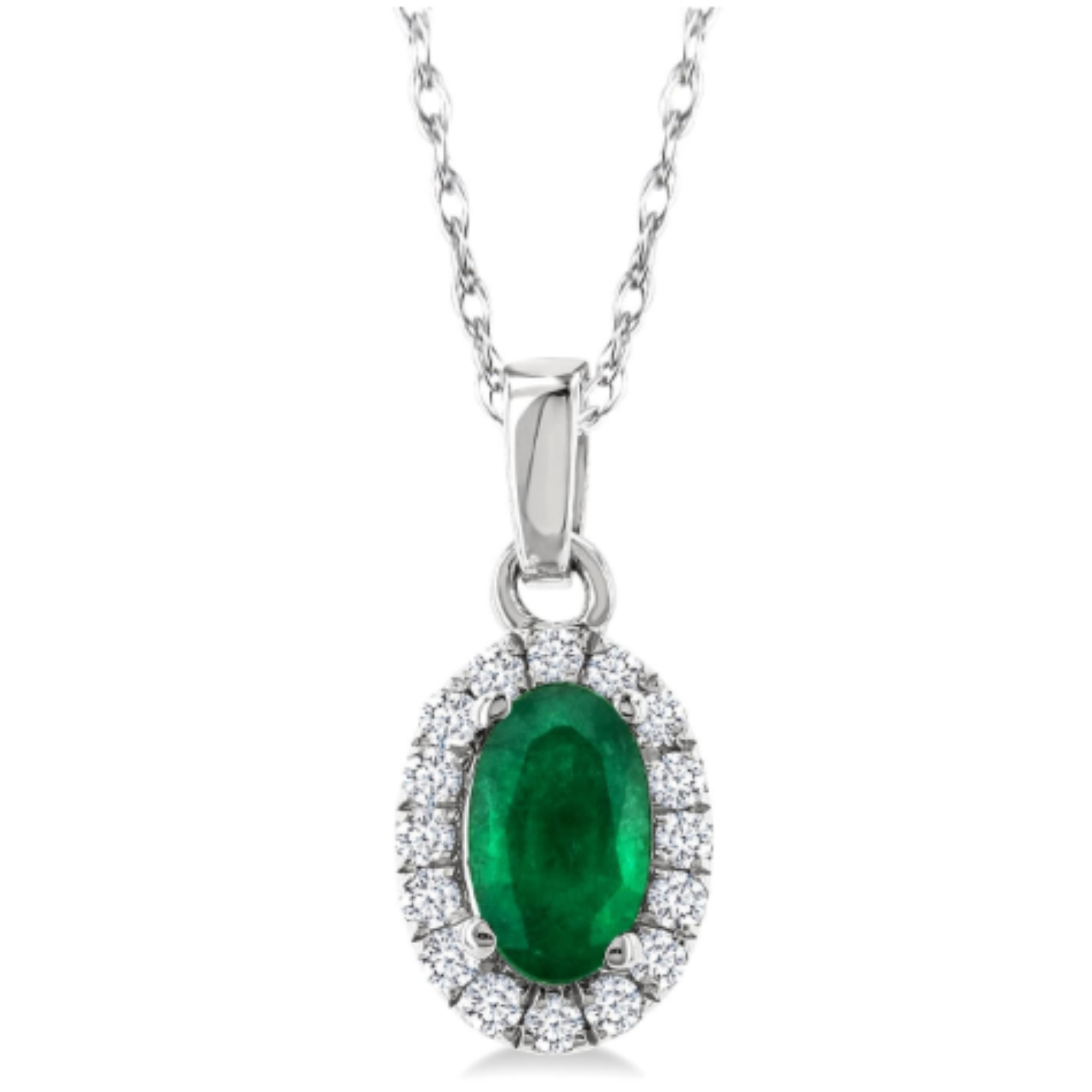 Oval Emerald Diamond Halo Pendant Necklace in 14K White Gold