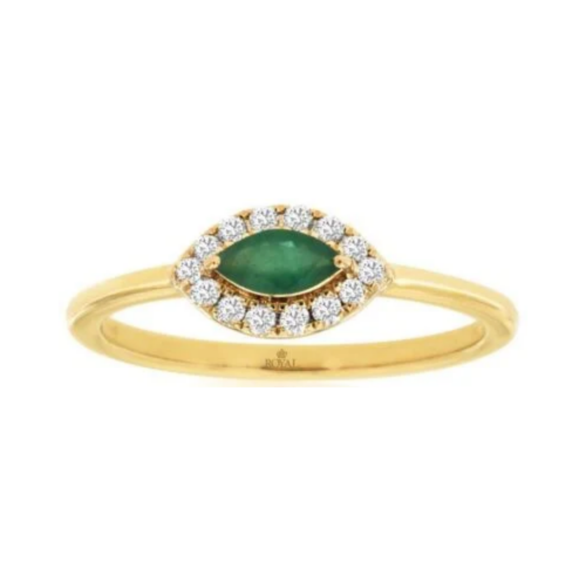 East West Marquise Emerald Diamond Halo Ring in 14K Yellow Gold, Size 7