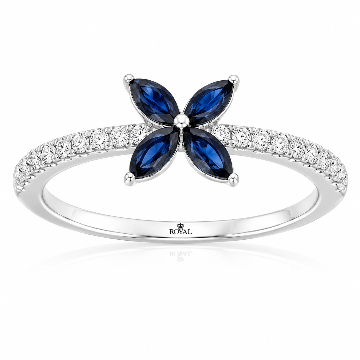 Sapphire Diamond Flower Ring in 14K White Gold, Size 7
