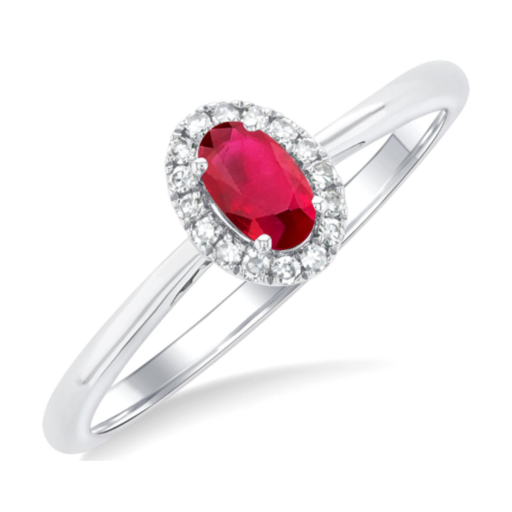 Oval Ruby Diamond Halo Ring in 14K White Gold, Size 6.5
