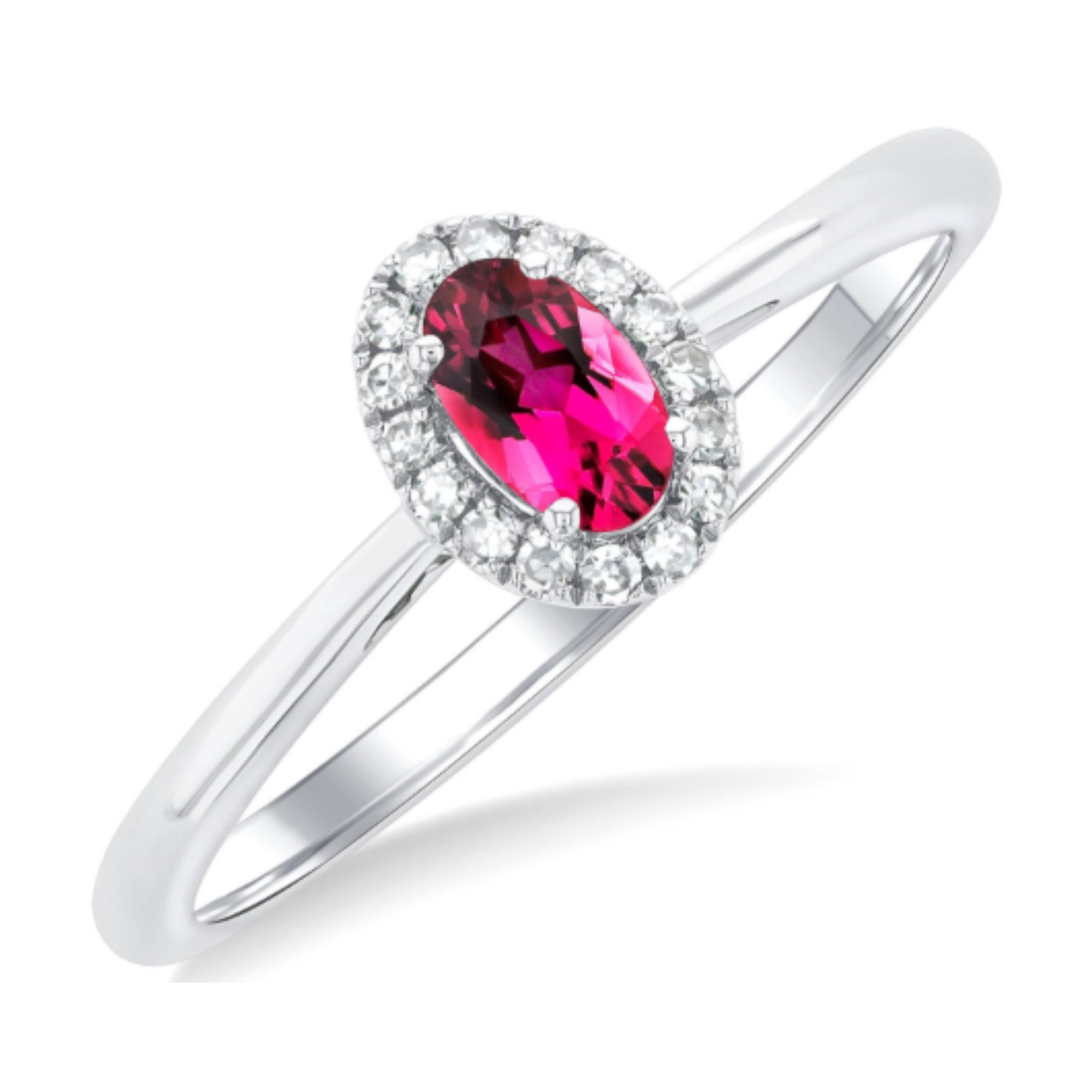 Oval Pink Tourmaline Diamond Halo Ring in 14K White Gold, Size 6.5