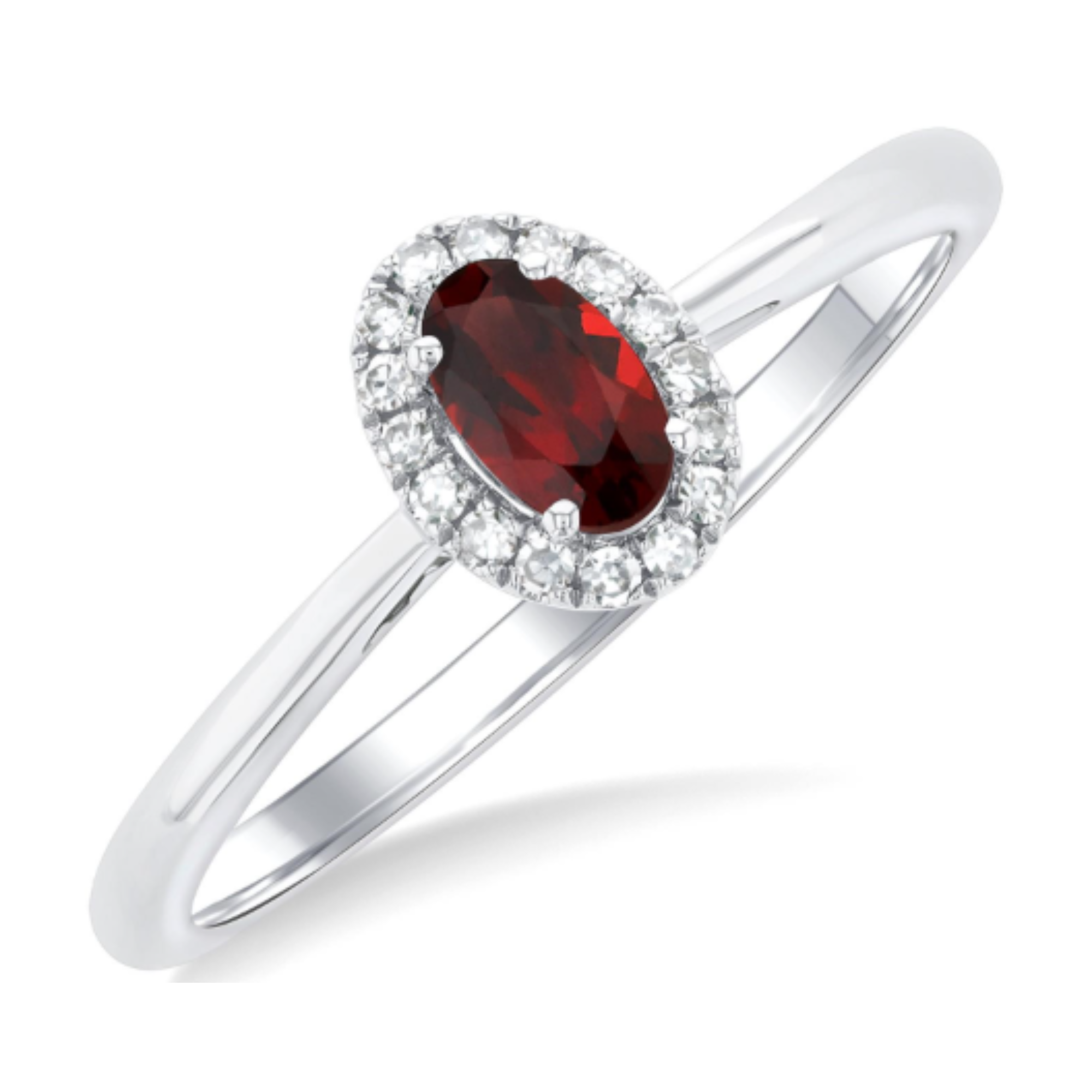Oval Garnet Diamond Halo Ring in 14K White Gold, Size 6.5