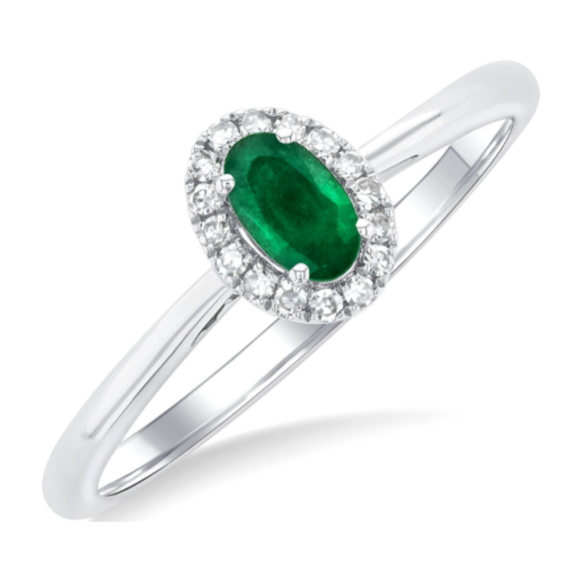 Oval Emerald Diamond Halo Ring in 14K White Gold, Size 6.5