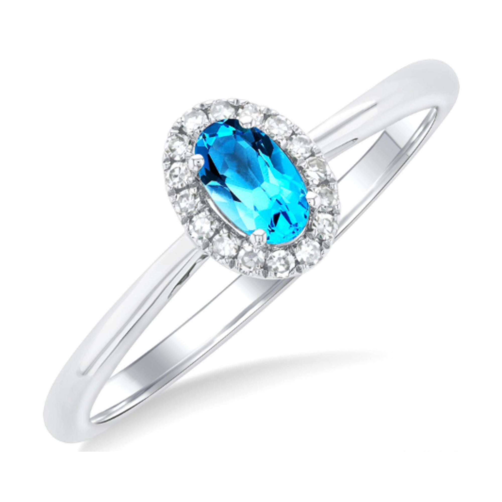 Oval Blue Topaz Diamond Halo Ring in 14K White Gold, Size 6.5