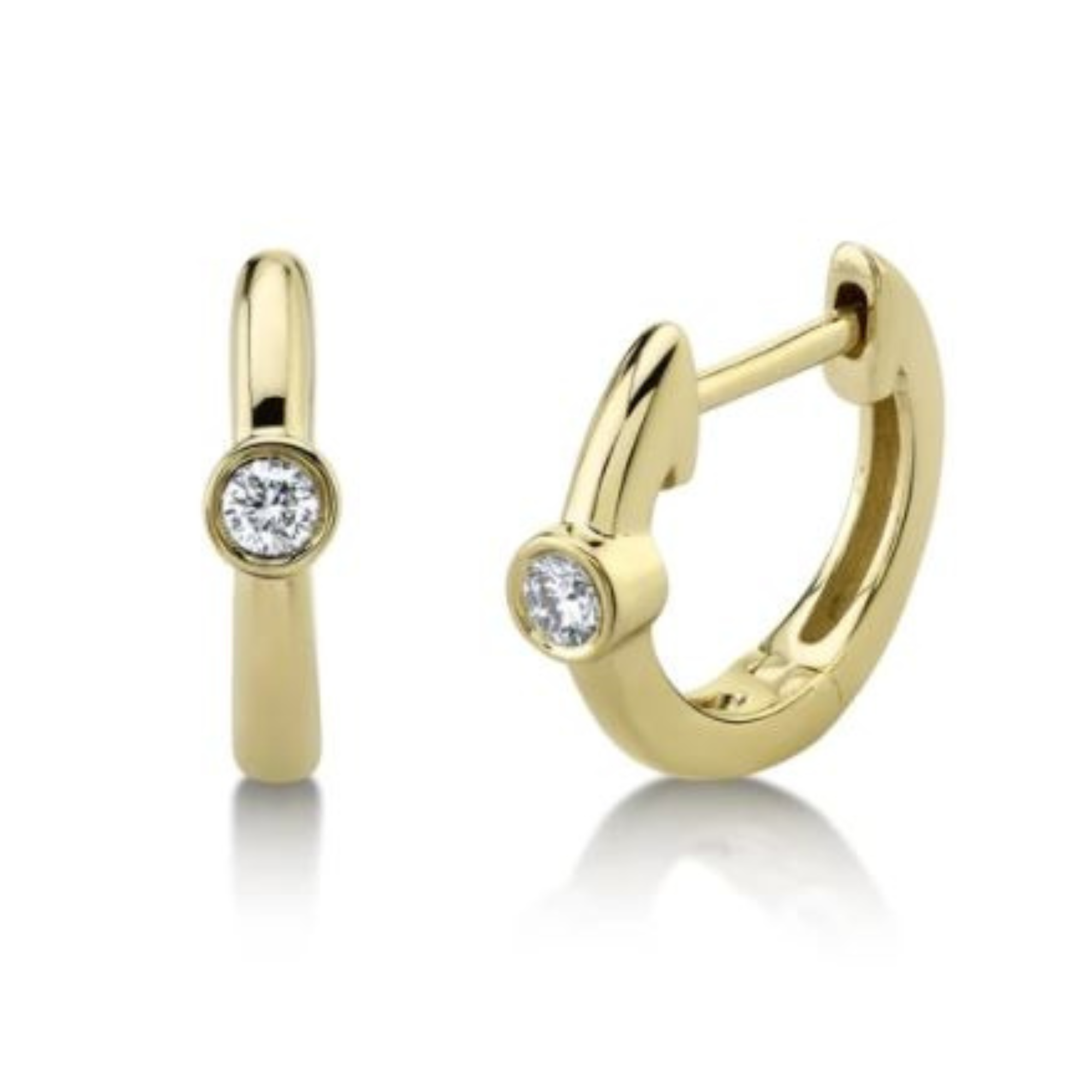 Single Diamond Bezel Huggie Hoop Earrings in 14K Yellow Gold