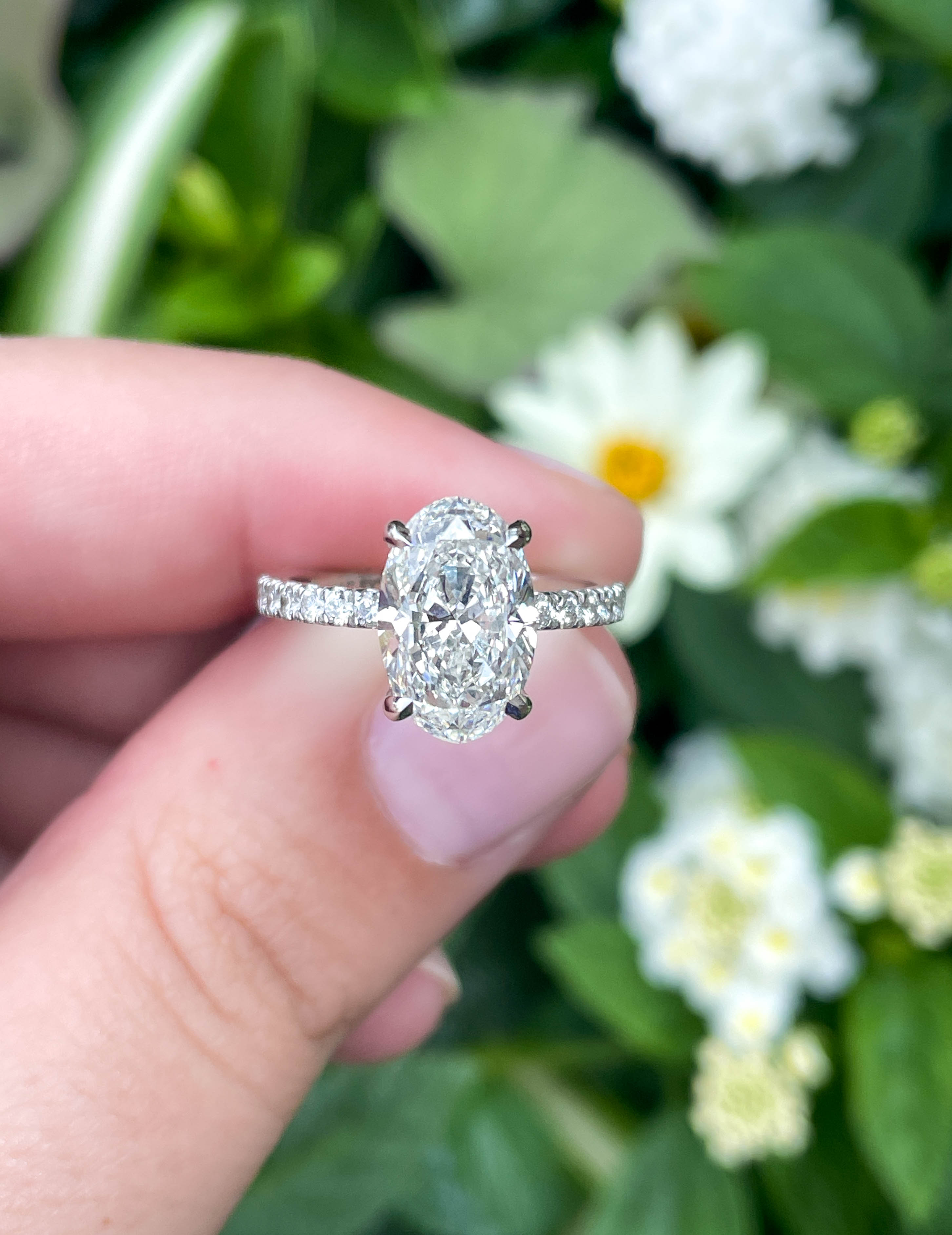 hand holding diamond ring with white and green floral background