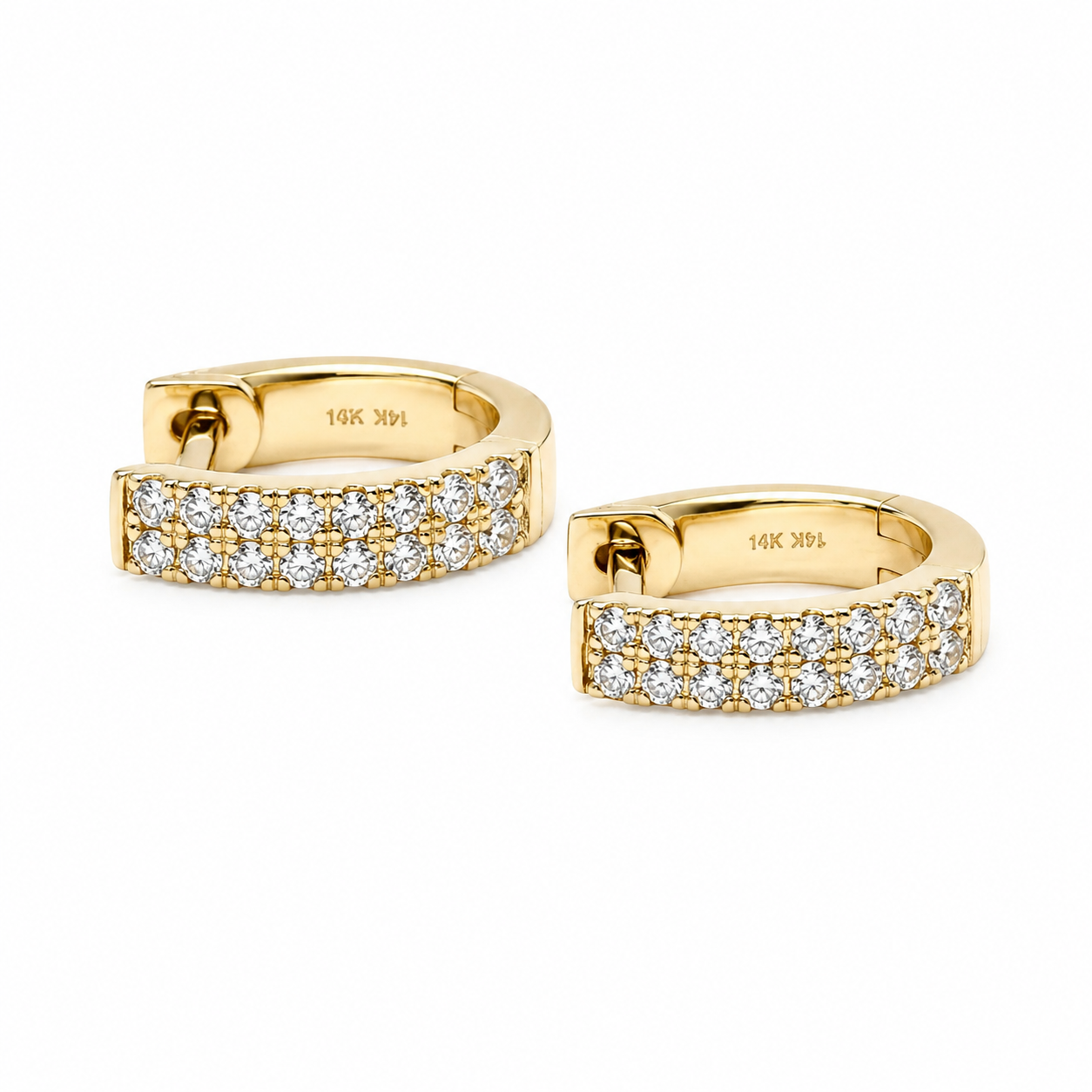 2 Row Pave Diamond Hoop Earrings in 14K Yellow Gold