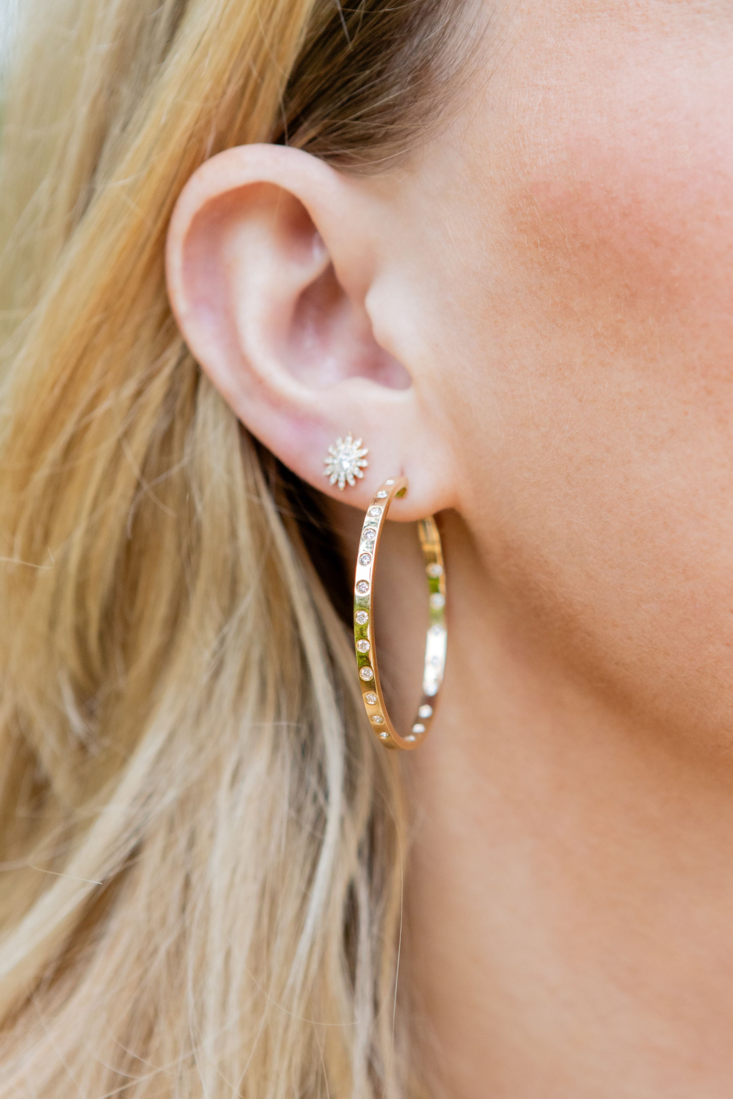 Inside Outside Flush Set Diamond Hoop Earrings in 14K Yellow Gold