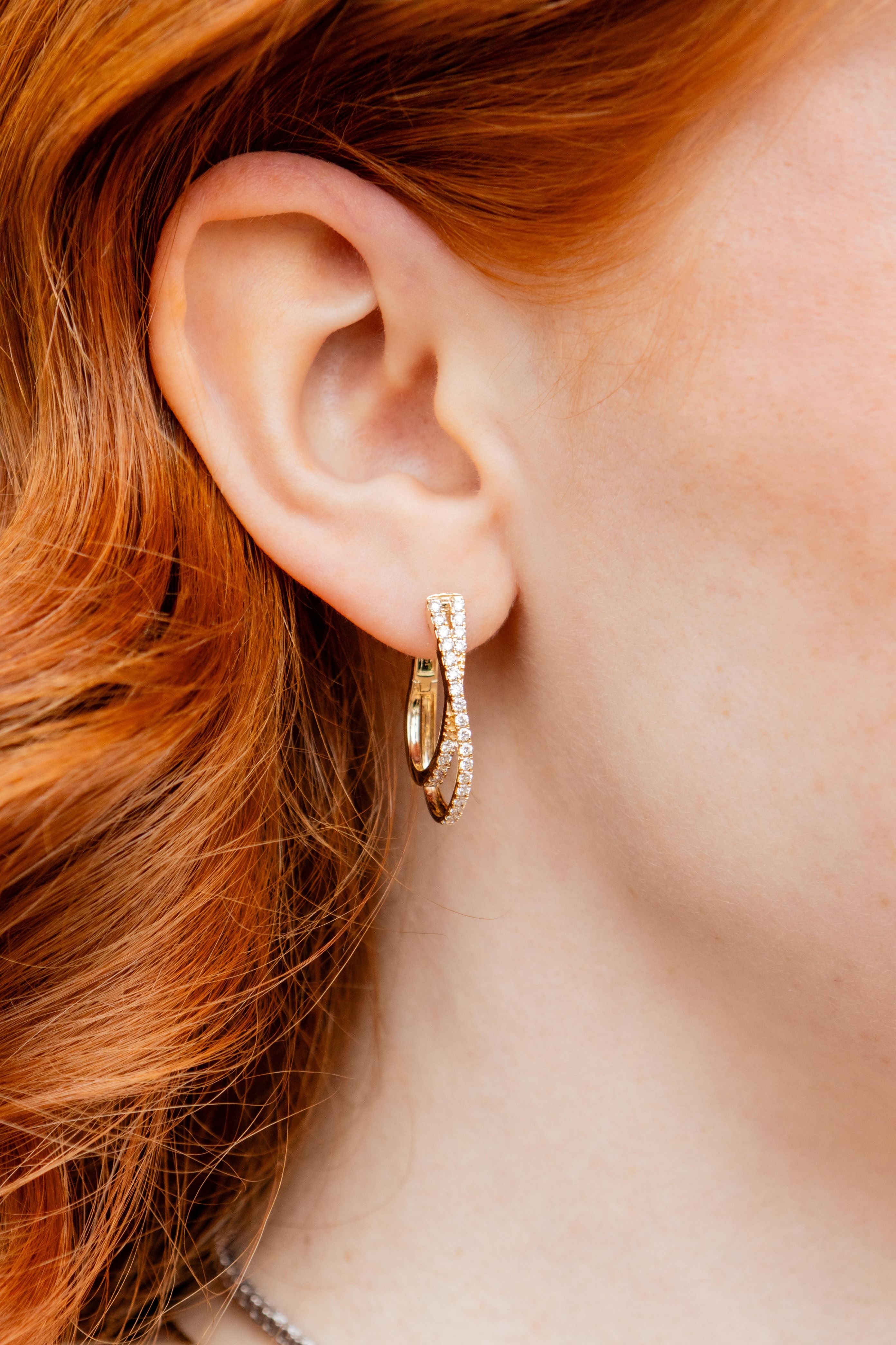 Double Twist Diamond Hoop Earrings in 14K Yellow Gold