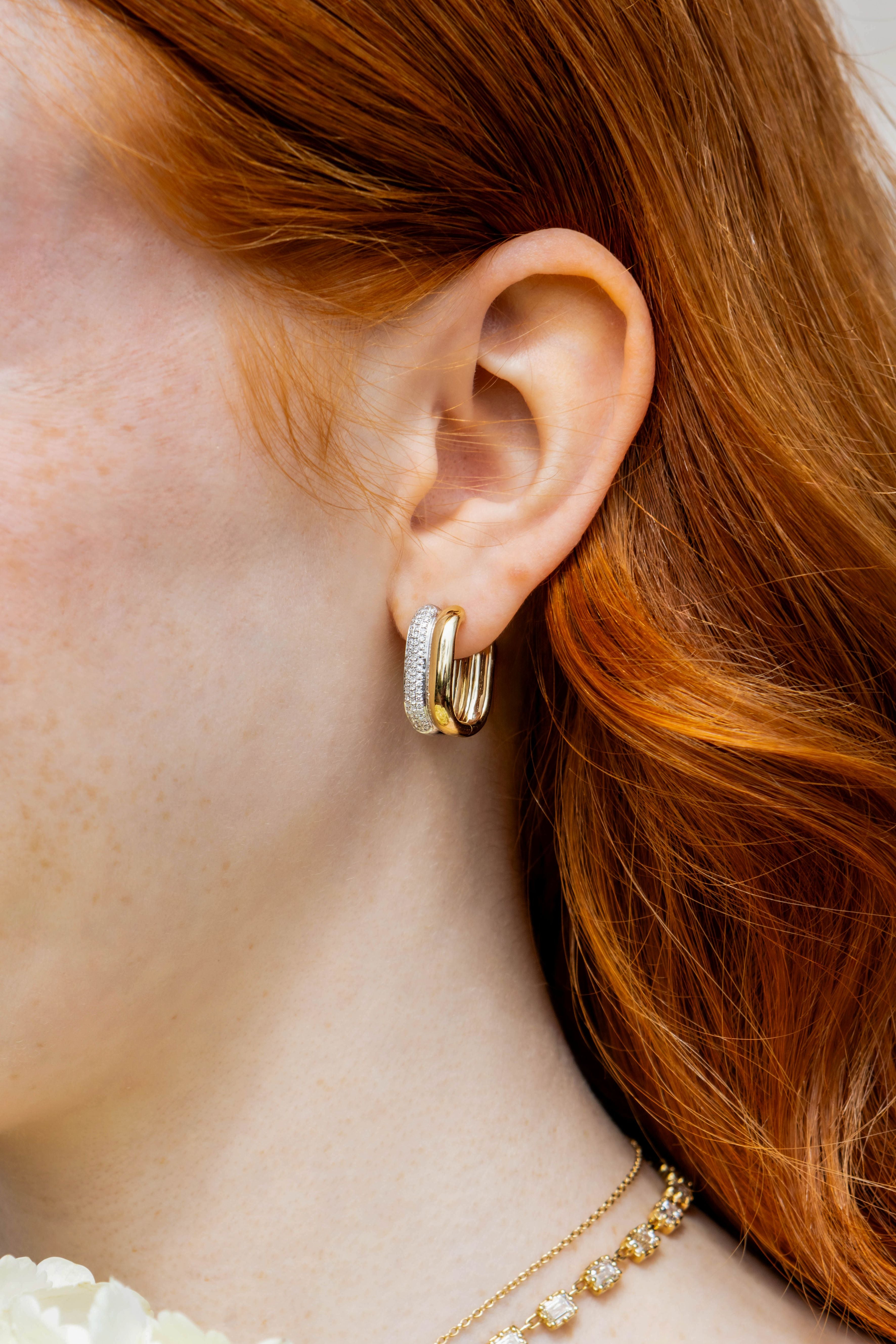 Two Tone Diamond Hoop Earrings in 14K Yellow and White Gold