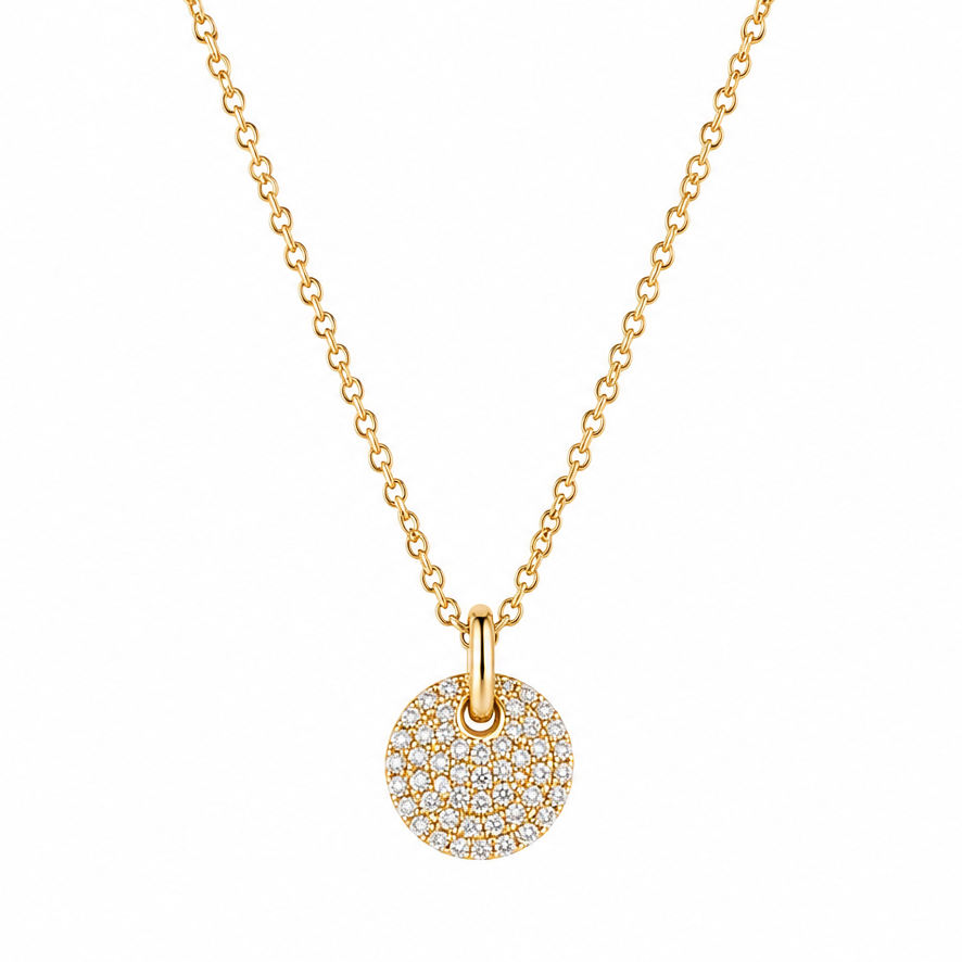 Pave Disc Pendant Necklace in 14K Yellow Gold