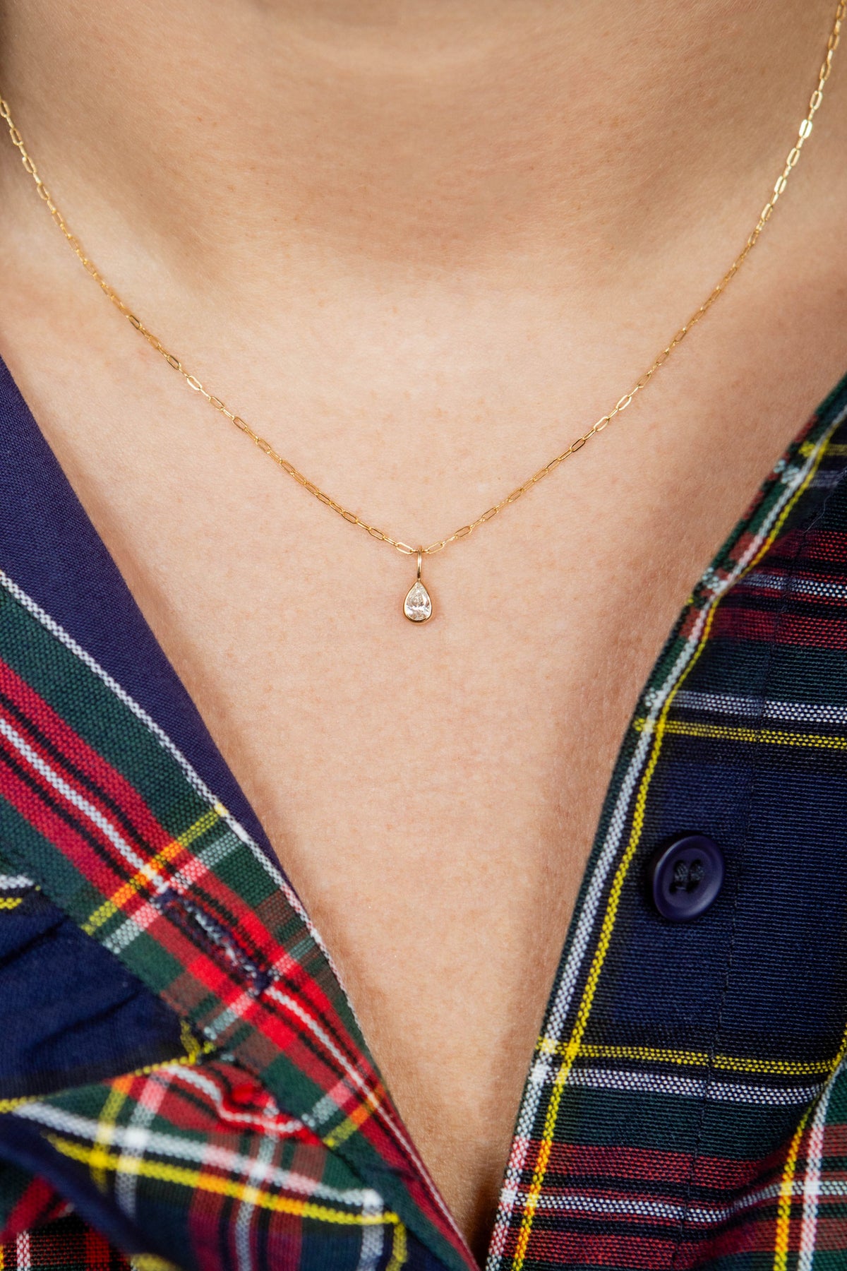 Bezel Set Pear Diamond Pendant Necklace in 14K Yellow Gold