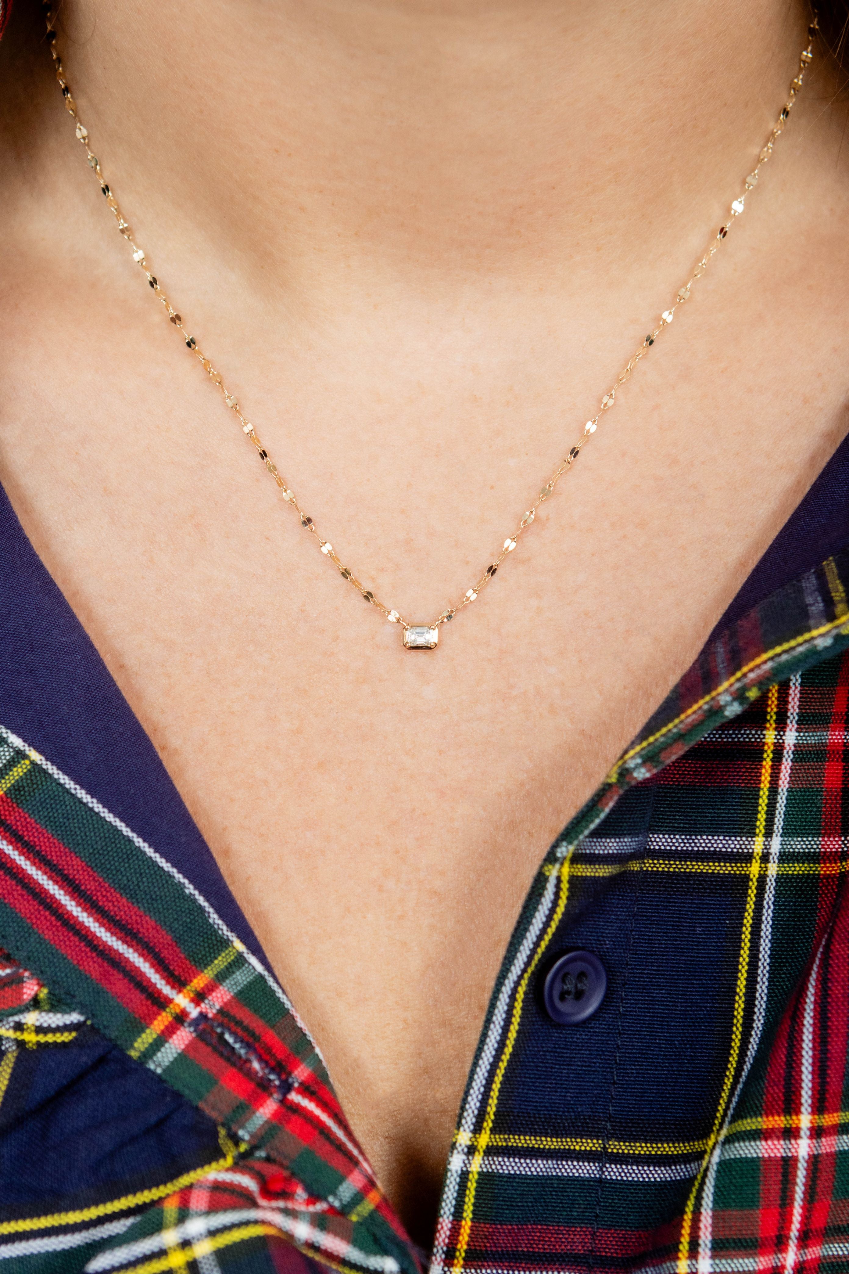 Emerald Cut Bezel Diamond Sparkle Chain Necklace in 14K Yellow Gold