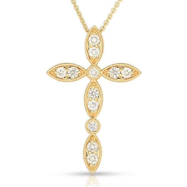 Milgrain Bezel Set 0.07CT Diamond Cross Pendant Necklace in 14K Yellow Gold