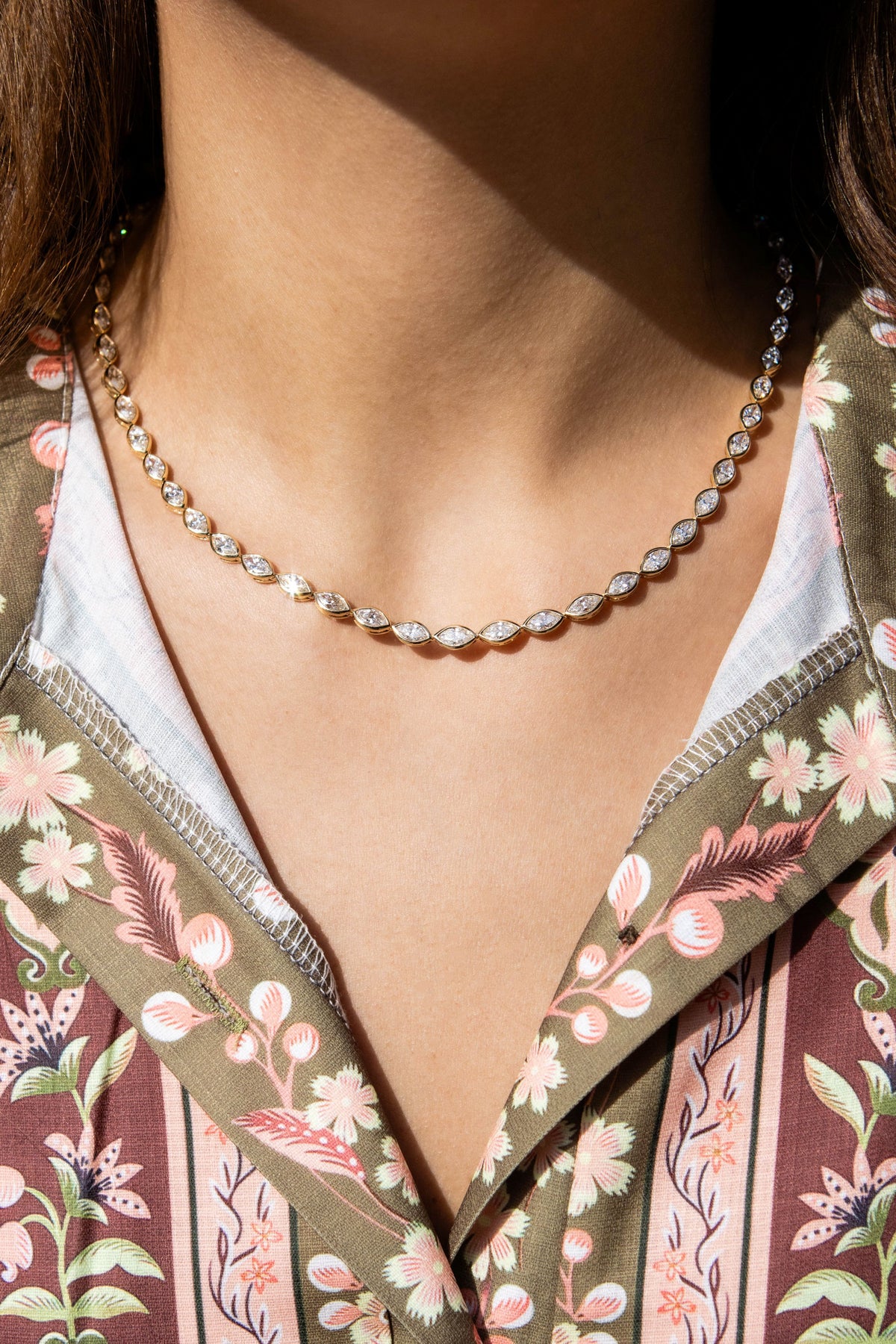 Bezel Set Marquise Diamond Tennis Necklace in 14K Yellow Gold