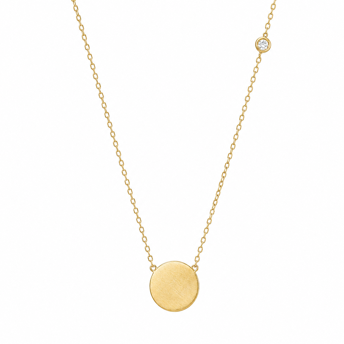 Small Disc Pendant with Diamond Station Necklace in 14K Yellow Gold