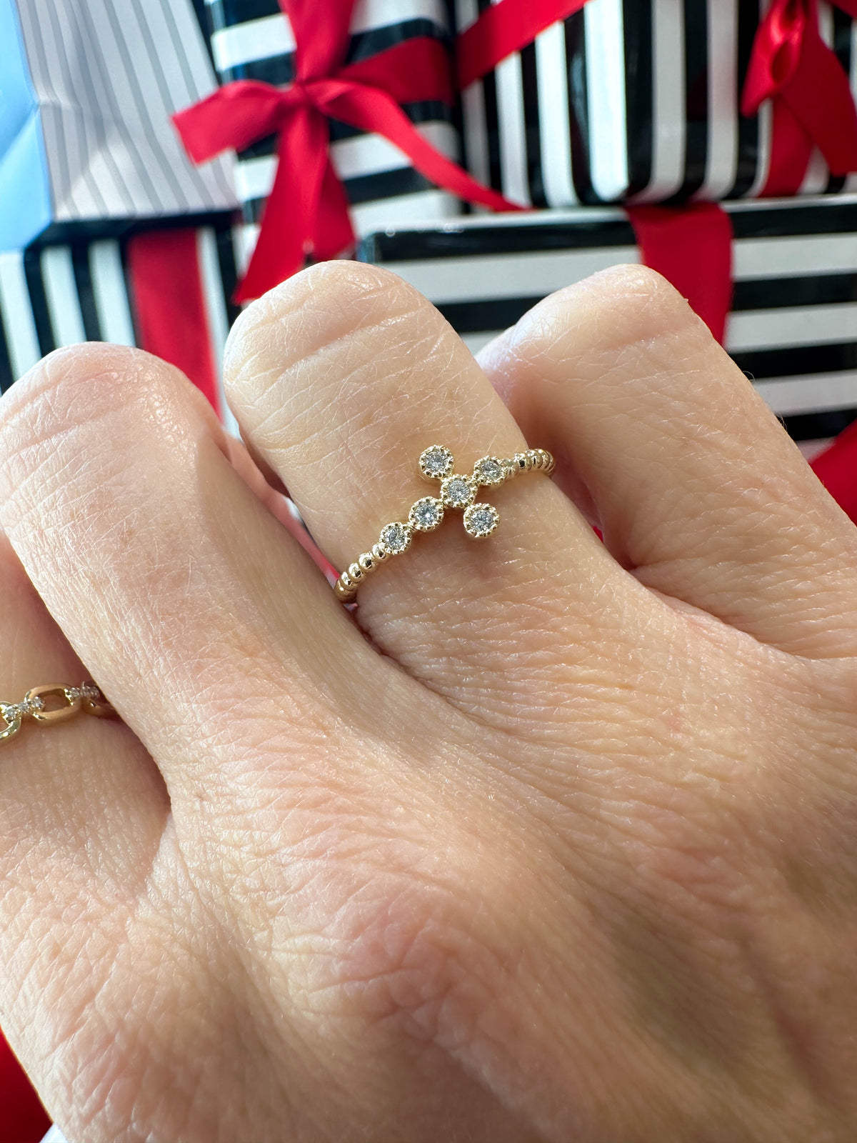 East West Bezel Set Diamond Cross Beaded Ring in 14K Yellow Gold, Size 6