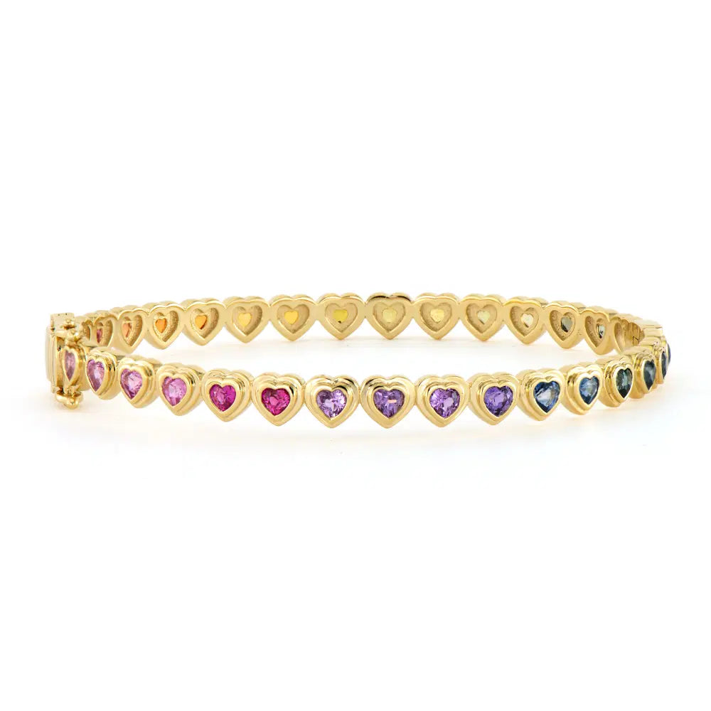 Three Stories Show Your Love Sapphire Rainbow Heart Bangle in 14K Yellow Gold
