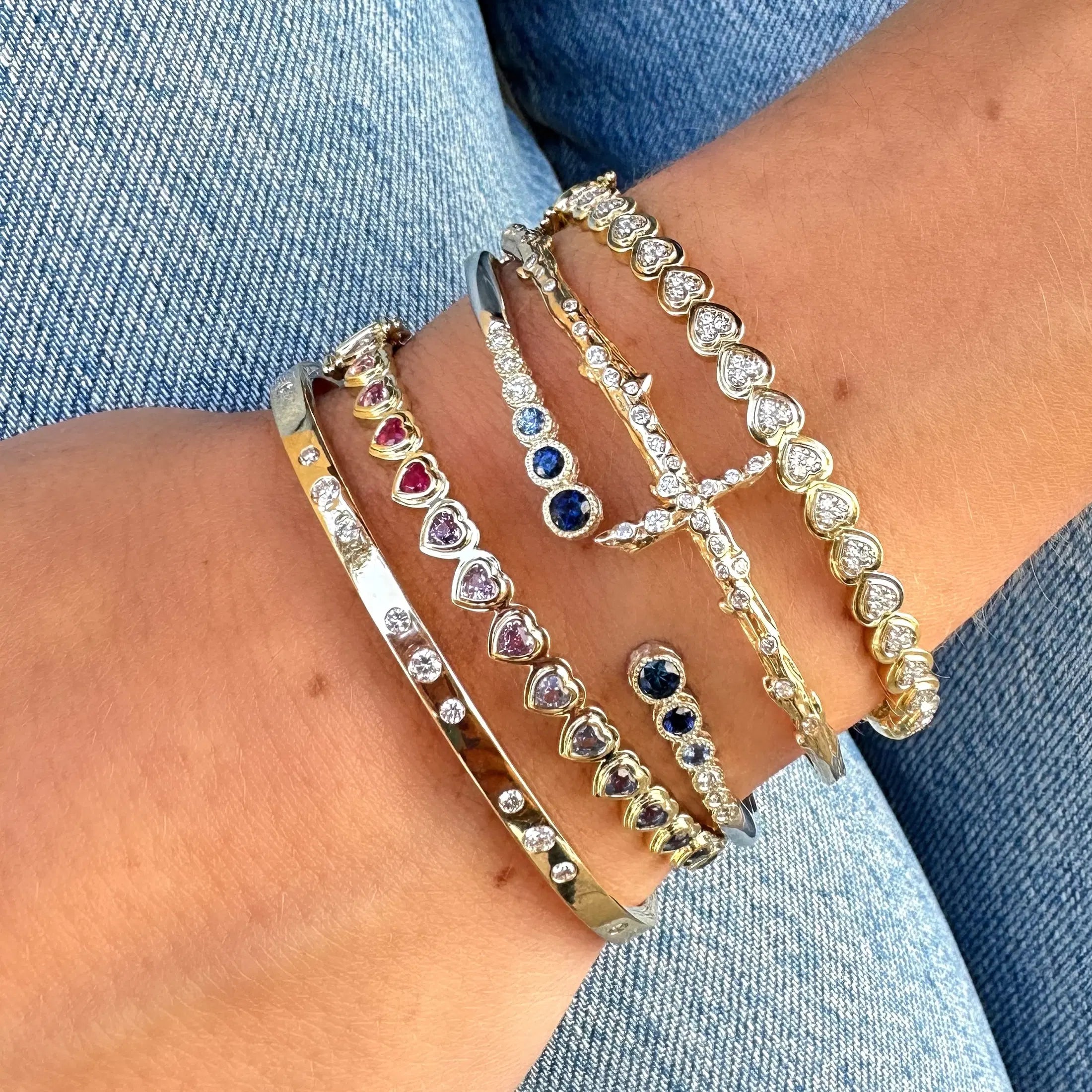 Three Stories Show Your Love Sapphire Rainbow Heart Bangle in 14K Yellow Gold
