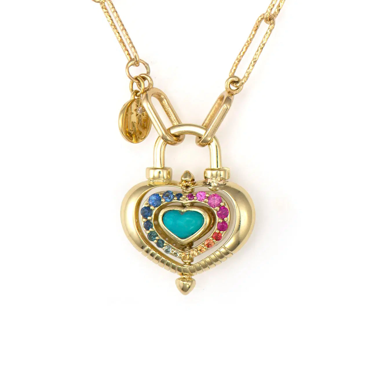 Three Stories Rainbow Diamond Turquoise Heart Spinning Lock Pendant in 14K Yellow Gold