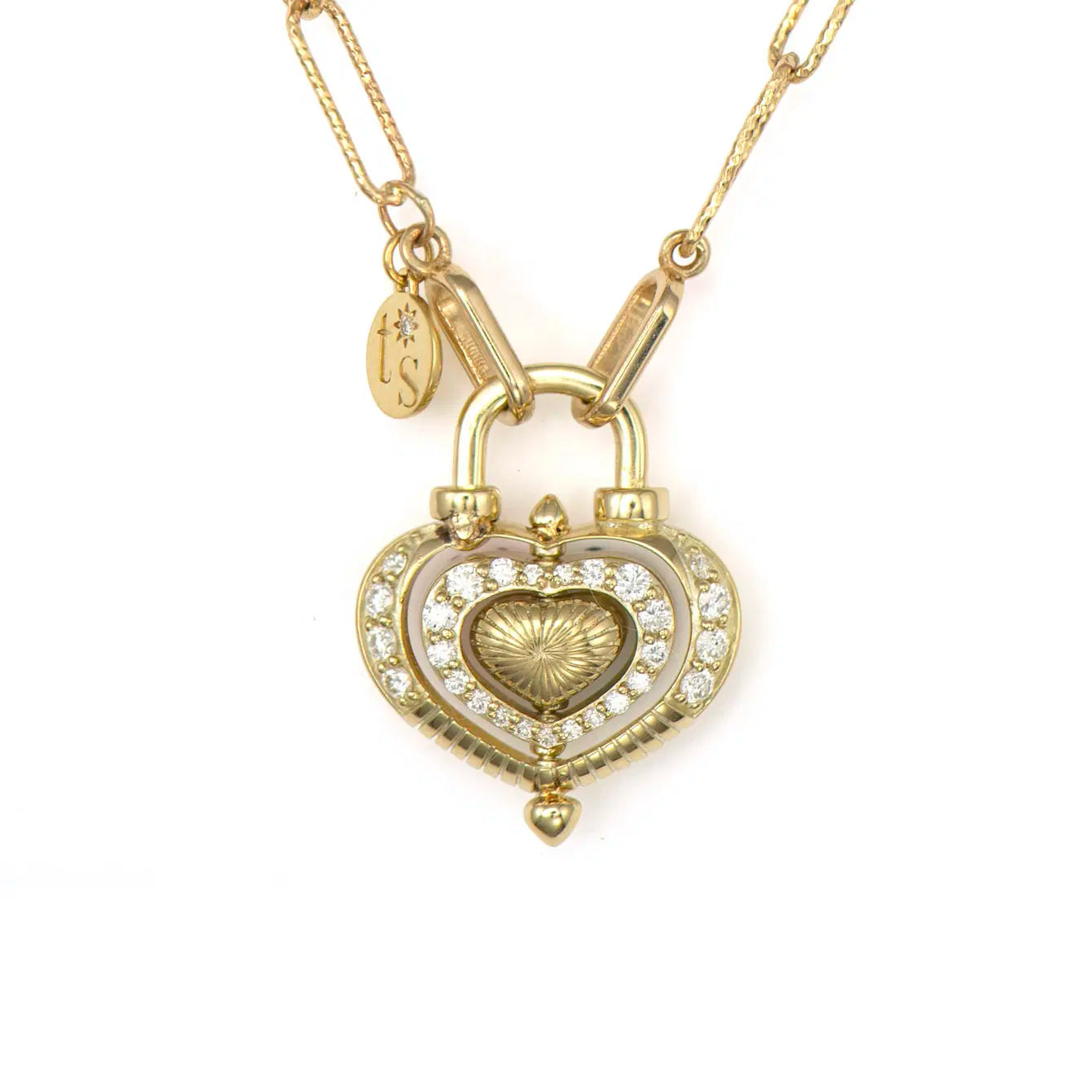 Three Stories Rainbow Diamond Turquoise Heart Spinning Lock Pendant in 14K Yellow Gold