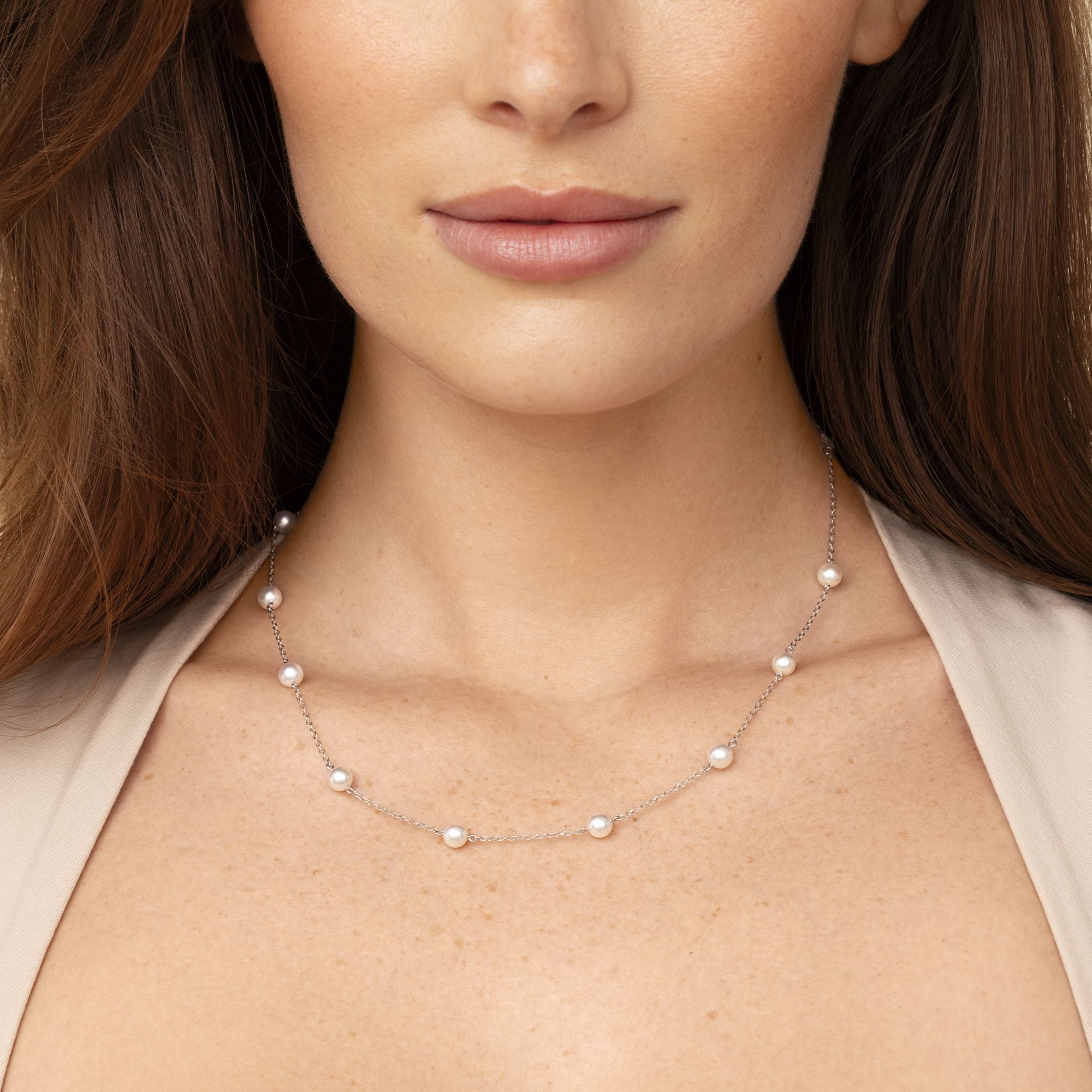 Mikimoto A+ Akoya Cultured Pearl Station Necklace in 18K White Gold, 6.5MM