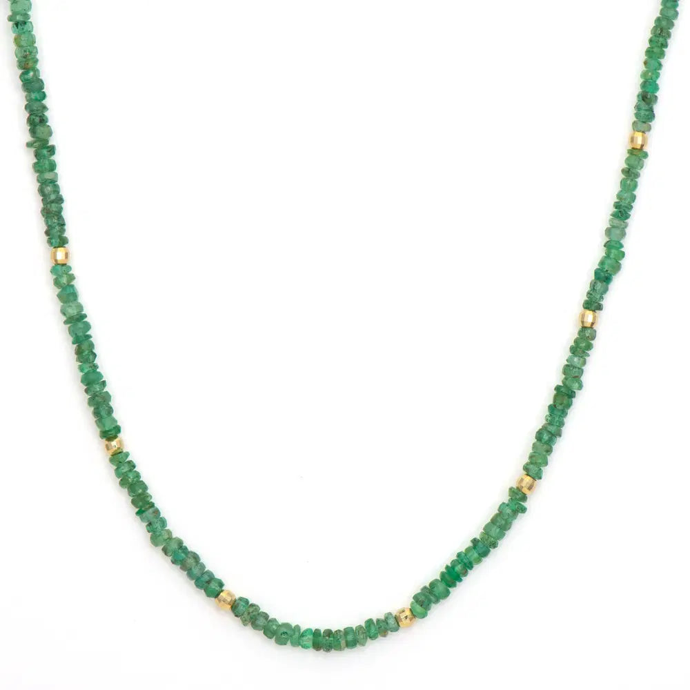 Three Stories Delicate Emerald Beaded Necklace in 14K Yellow Gold, 18" Length