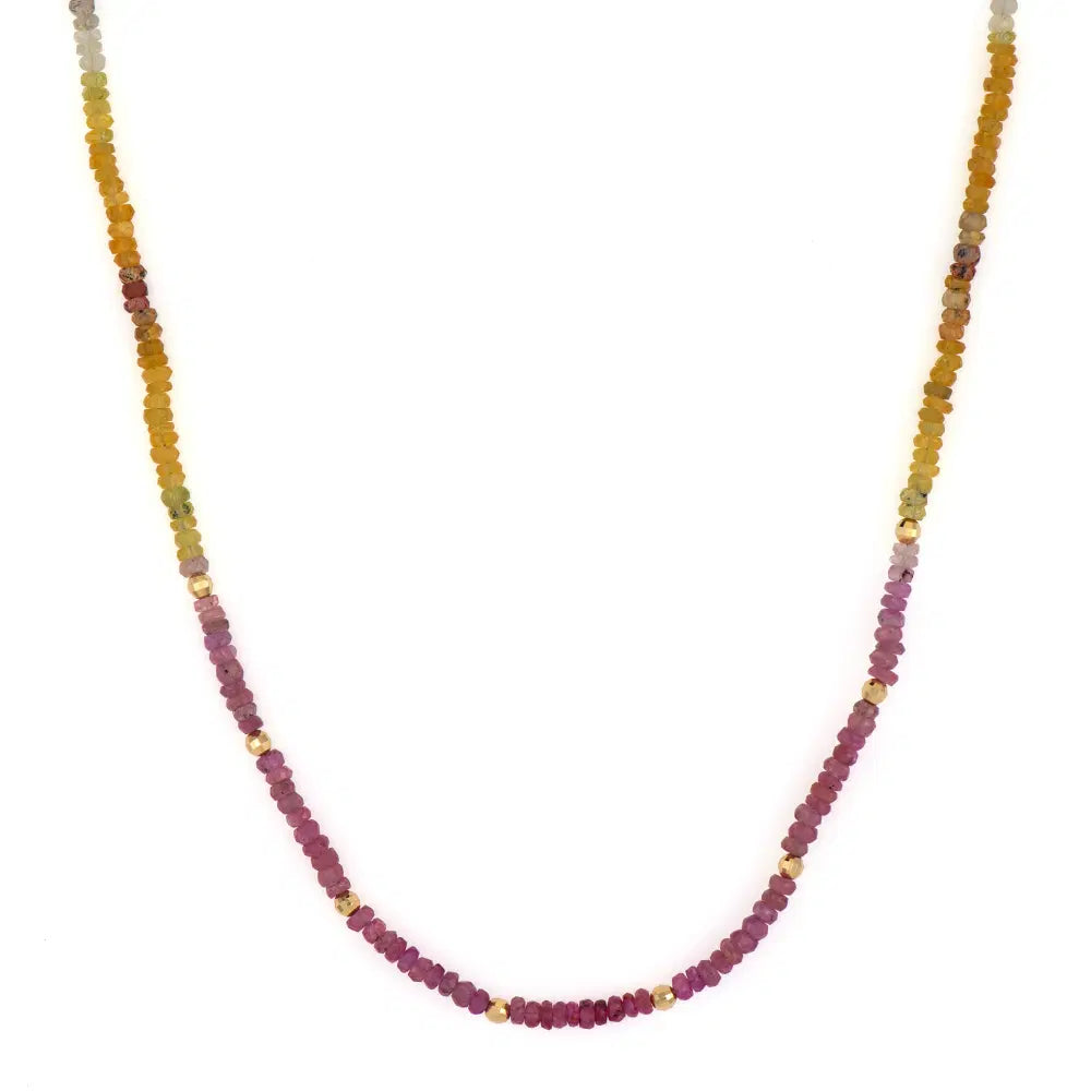 Three Stories Delicate Multi-Colored Sapphire Beaded Necklace in 14K Yellow Gold, 18" Length