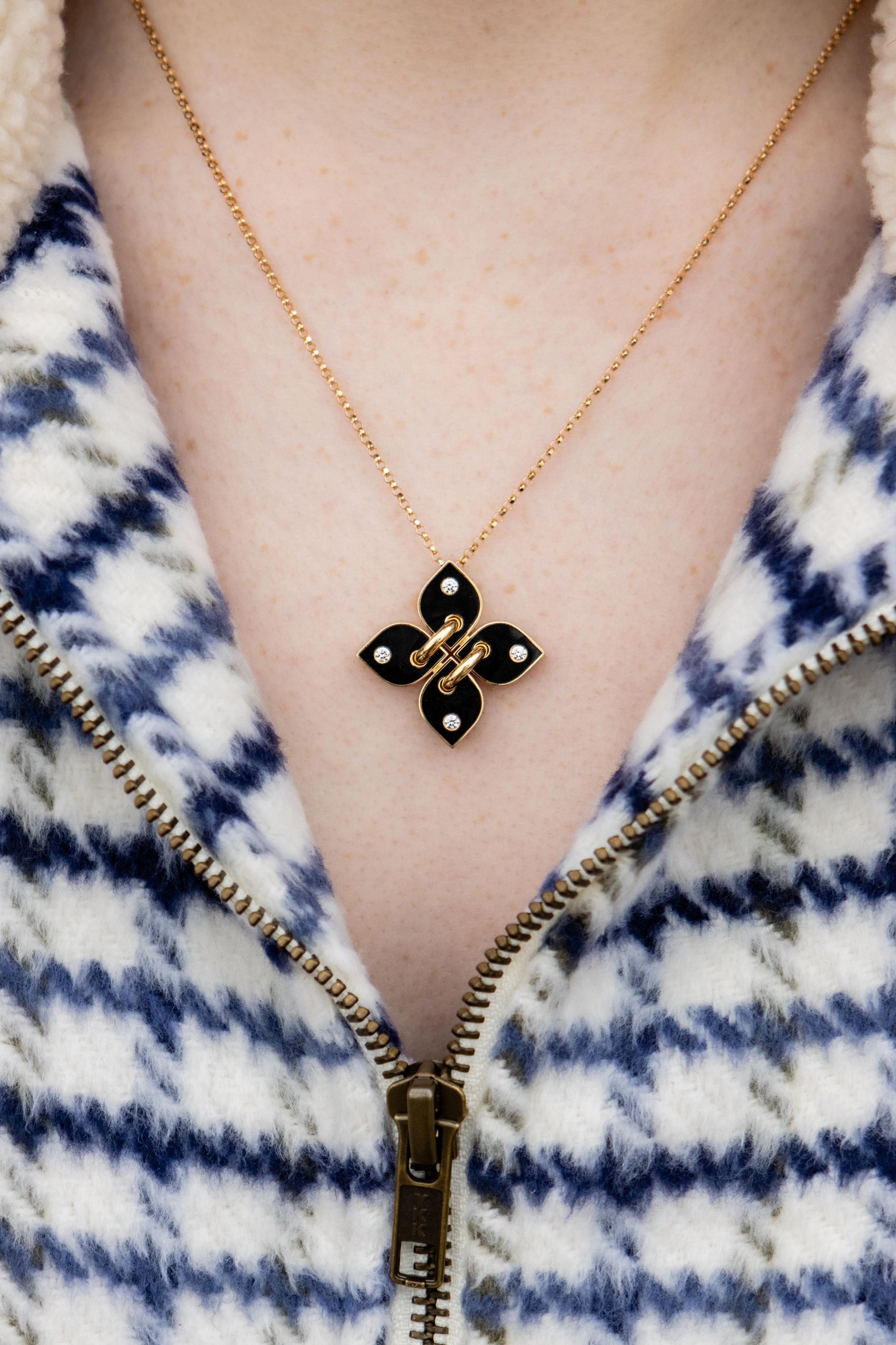 Roberto Coin Love in Verona Black Enamel Flower Necklace in 18K Yellow Gold