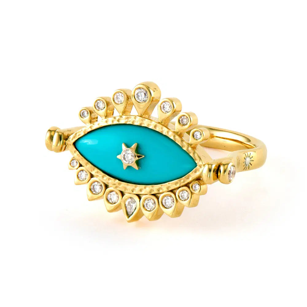 Three Stories Bejeweled Turquoise Evil Eye Flip Ring in 14K Yellow Gold, Size 6.5
