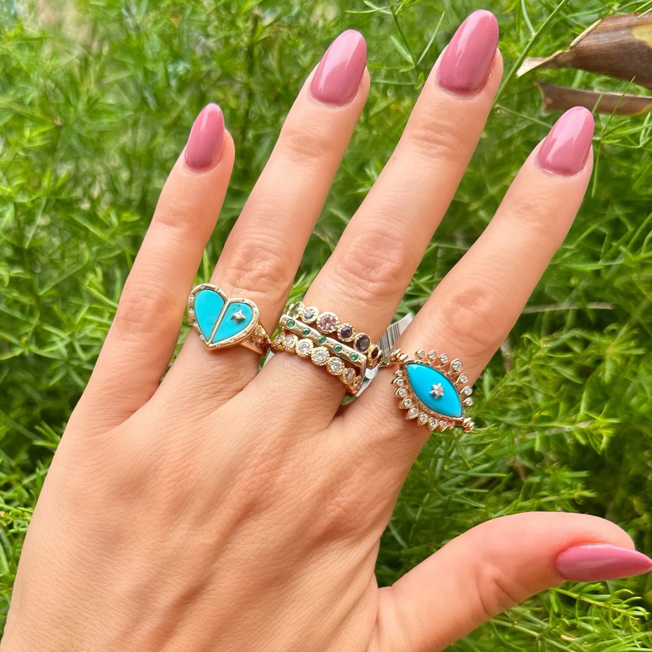 Three Stories Bejeweled Turquoise Evil Eye Flip Ring in 14K Yellow Gold, Size 6.5