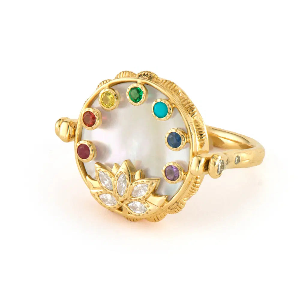 Three Stories Spiritual Woman Lotus Flip Ring in 14K Yellow Gold, Size 6.5