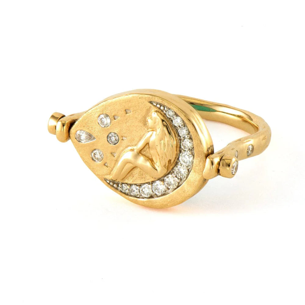 Three Stories Wish on a Star Turquoise Flip Ring in 14K Yellow Gold, Size 6.5