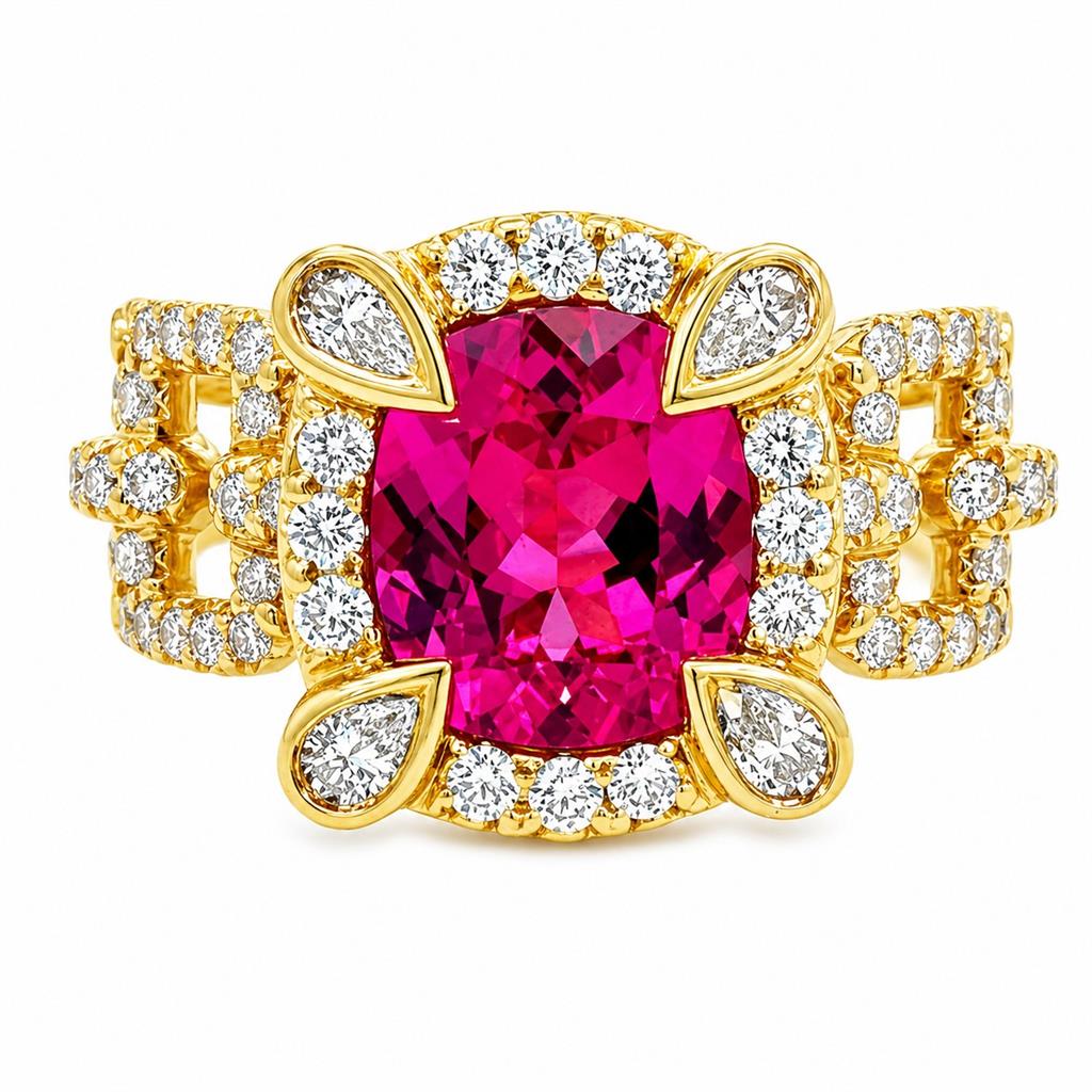 Erica Courtney Padparadscha Sapphire Diamond Ring in 18K Yellow Gold, Size 6