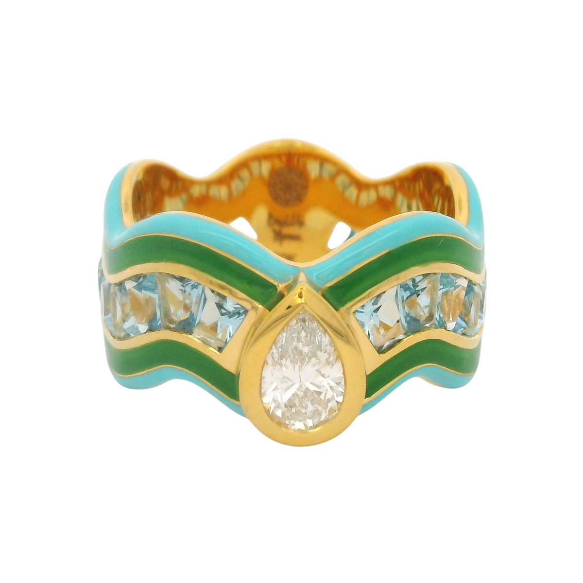 Buddha Mama Kelly Green & Sky Blue Double Wave Ring in 20K Yellow Gold, Size 7.5
