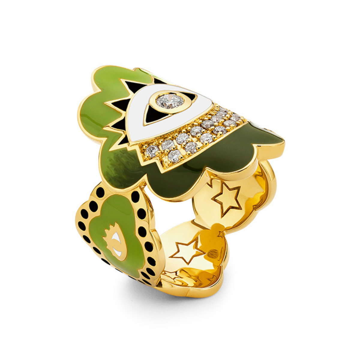 Buddha Mama Army Green Scalloped Evil Eye Wrap Ring in 20K Yellow Gold, Size 7.5