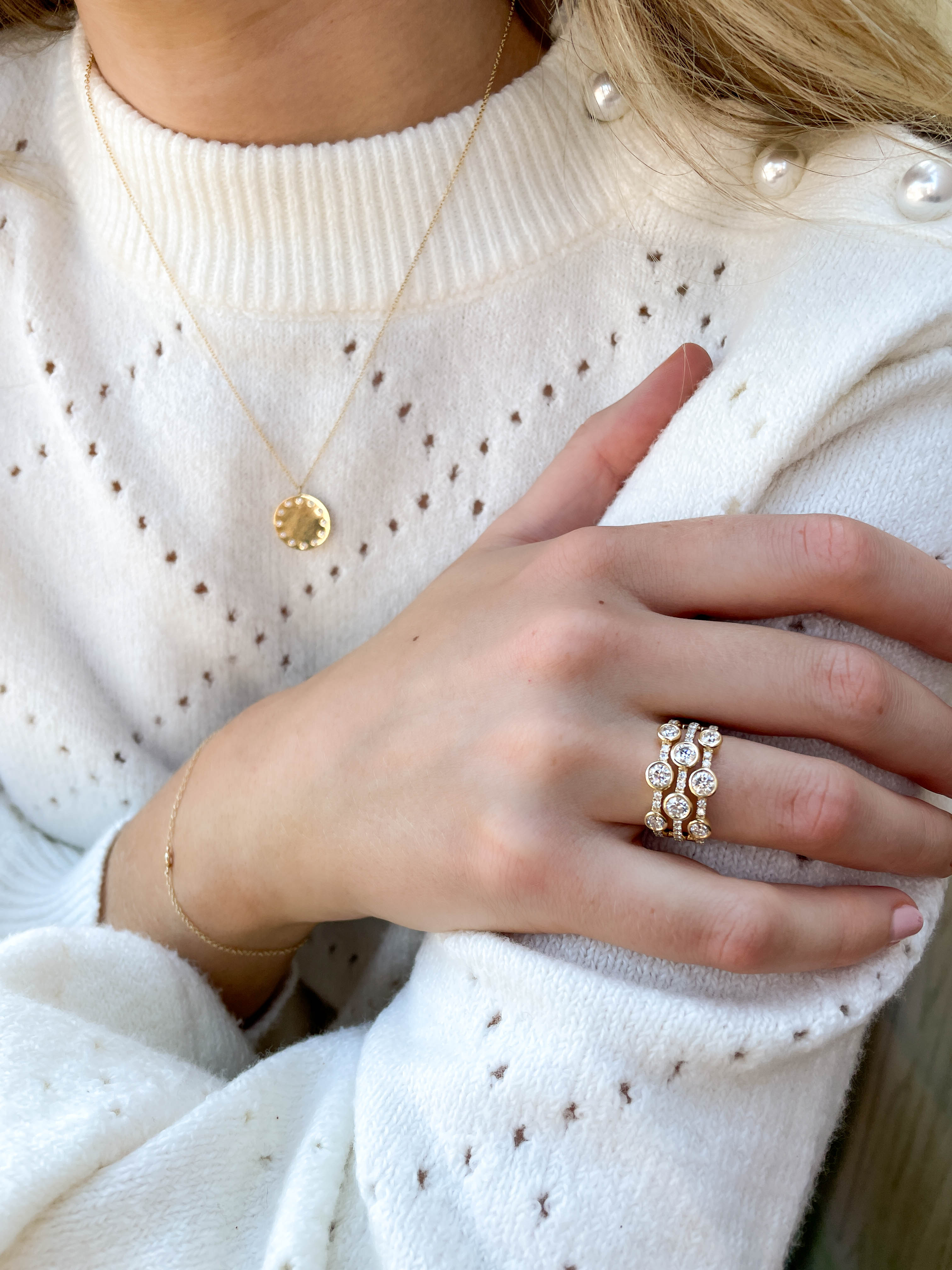Lauren Multi Row Bezel Set Diamond Ring in 14K Yellow Gold, Size 7