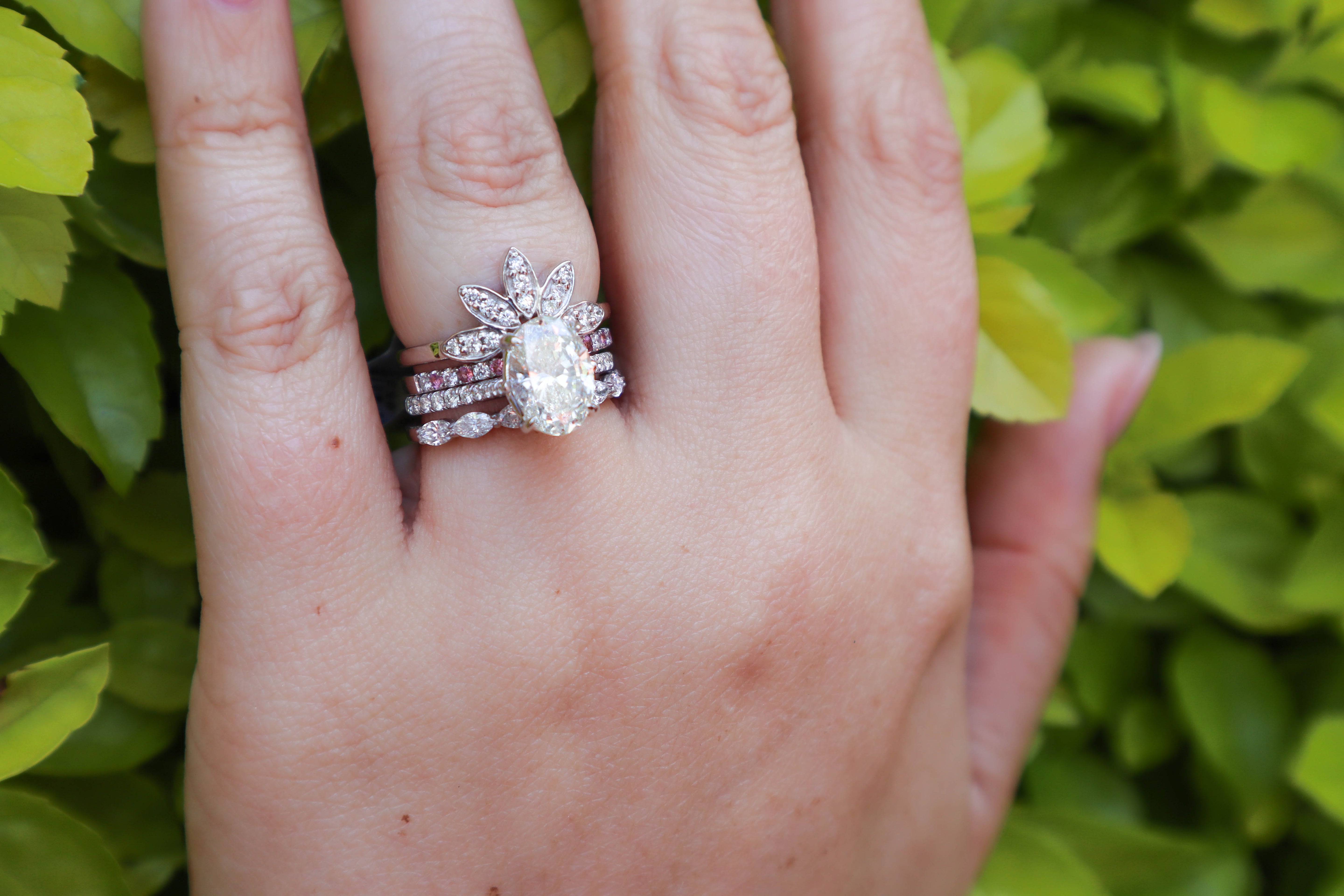 Alternating Pink Tourmaline Diamond Ring in 14K White Gold, Size 6.5