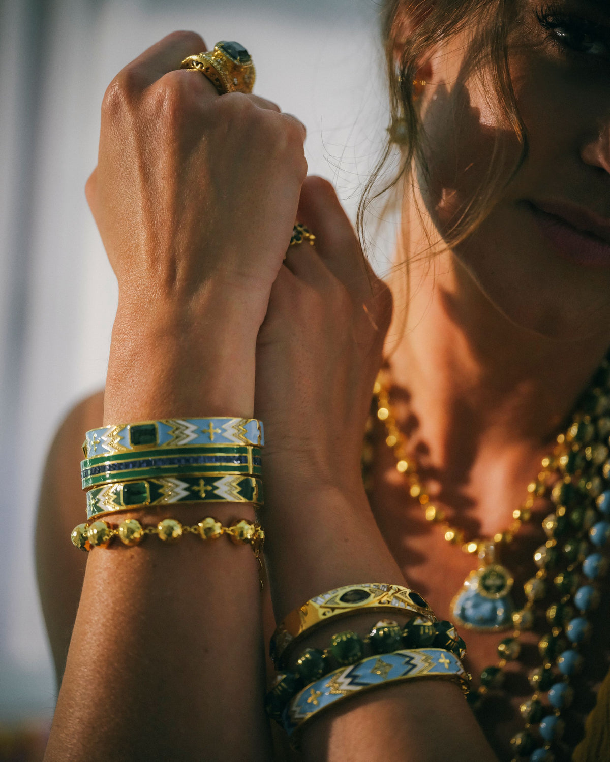 Buddha Mama Evil Eye Army Green Enamel Beaded Bracelet in 20K Yellow Gold