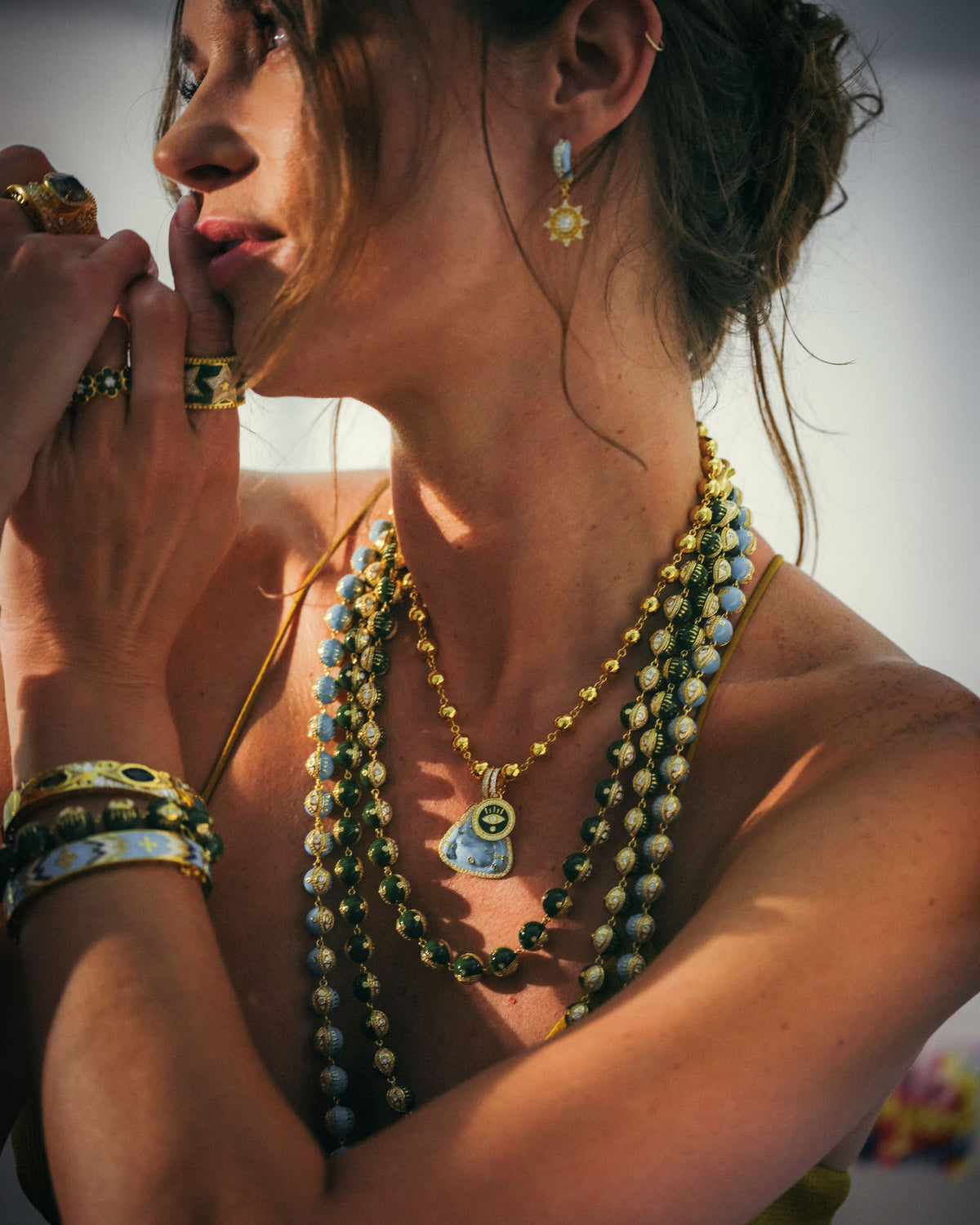 Buddha Mama Sky Blue Sun Drop Earrings in 20K Yellow Gold